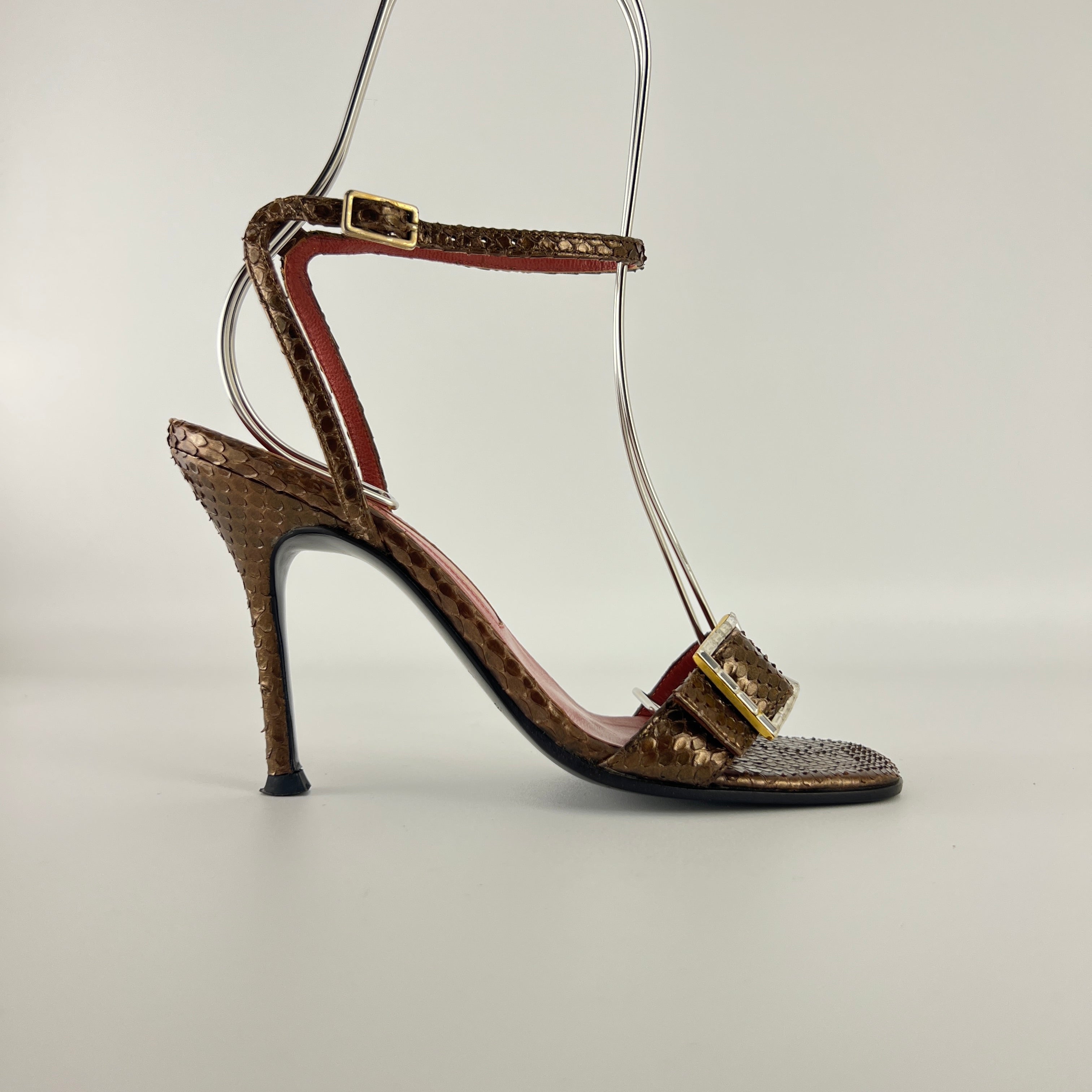 Sergio Rossi | Brown Snake Leather Crystal Buckle Strap Sandal Heels (35.5)