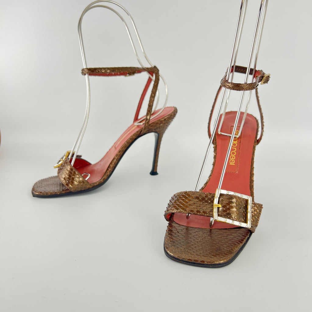 Sergio Rossi | Brown Snake Leather Crystal Buckle Strap Sandal Heels (35.5)