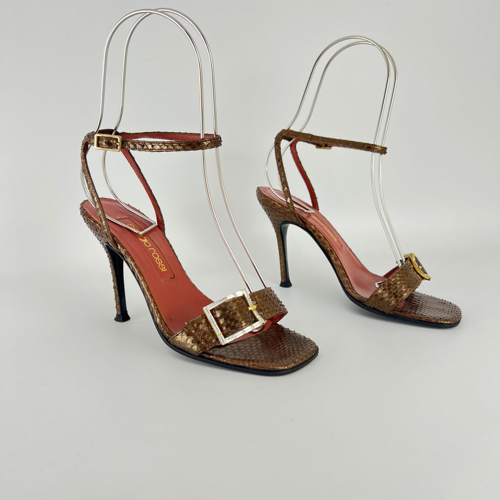 Sergio Rossi | Brown Snake Leather Crystal Buckle Strap Sandal Heels (35.5)