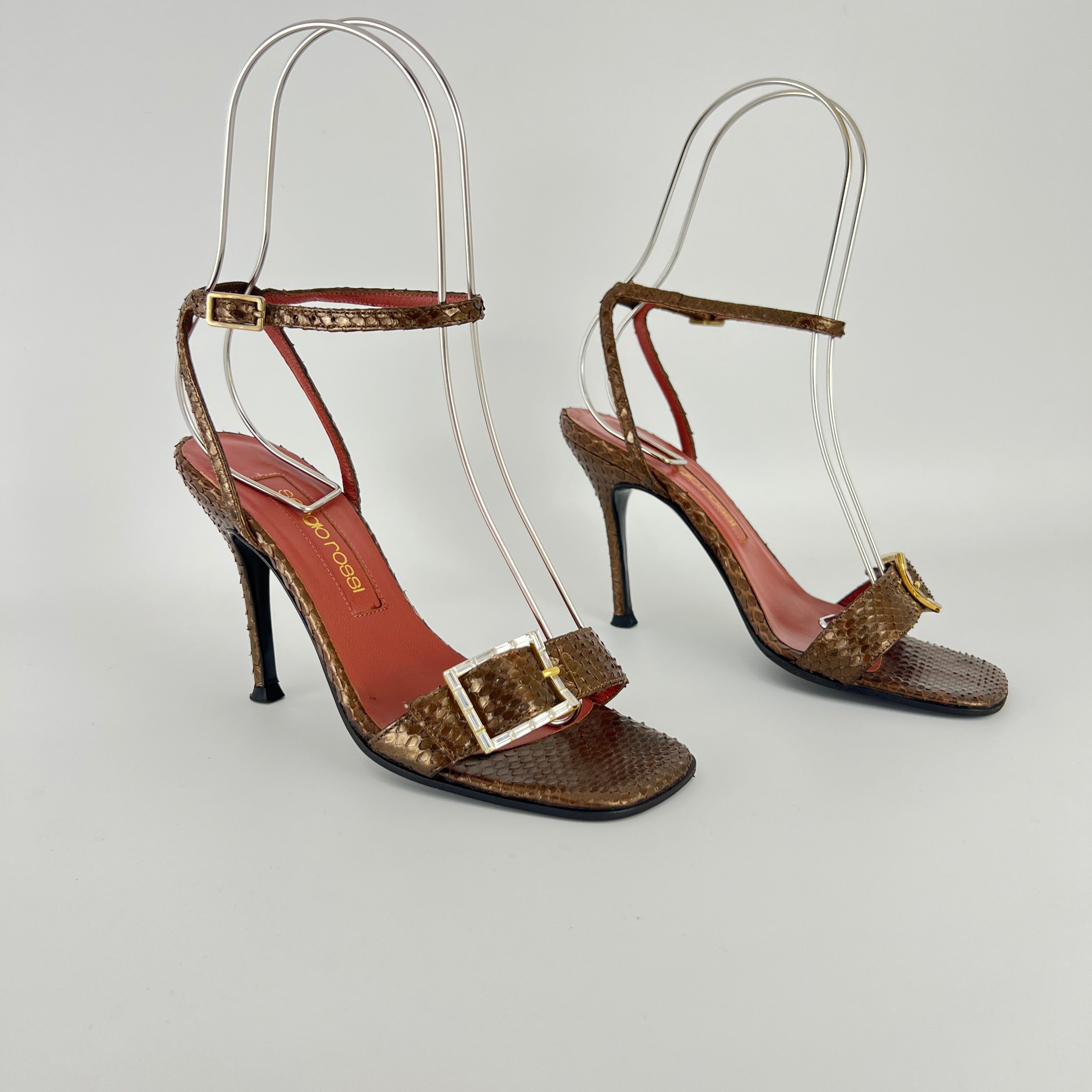 Sergio Rossi | Brown Snake Leather Crystal Buckle Strap Sandal Heels (35.5)