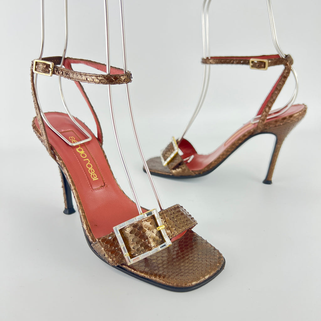 Sergio Rossi | Brown Snake Leather Crystal Buckle Strap Sandal Heels (35.5)