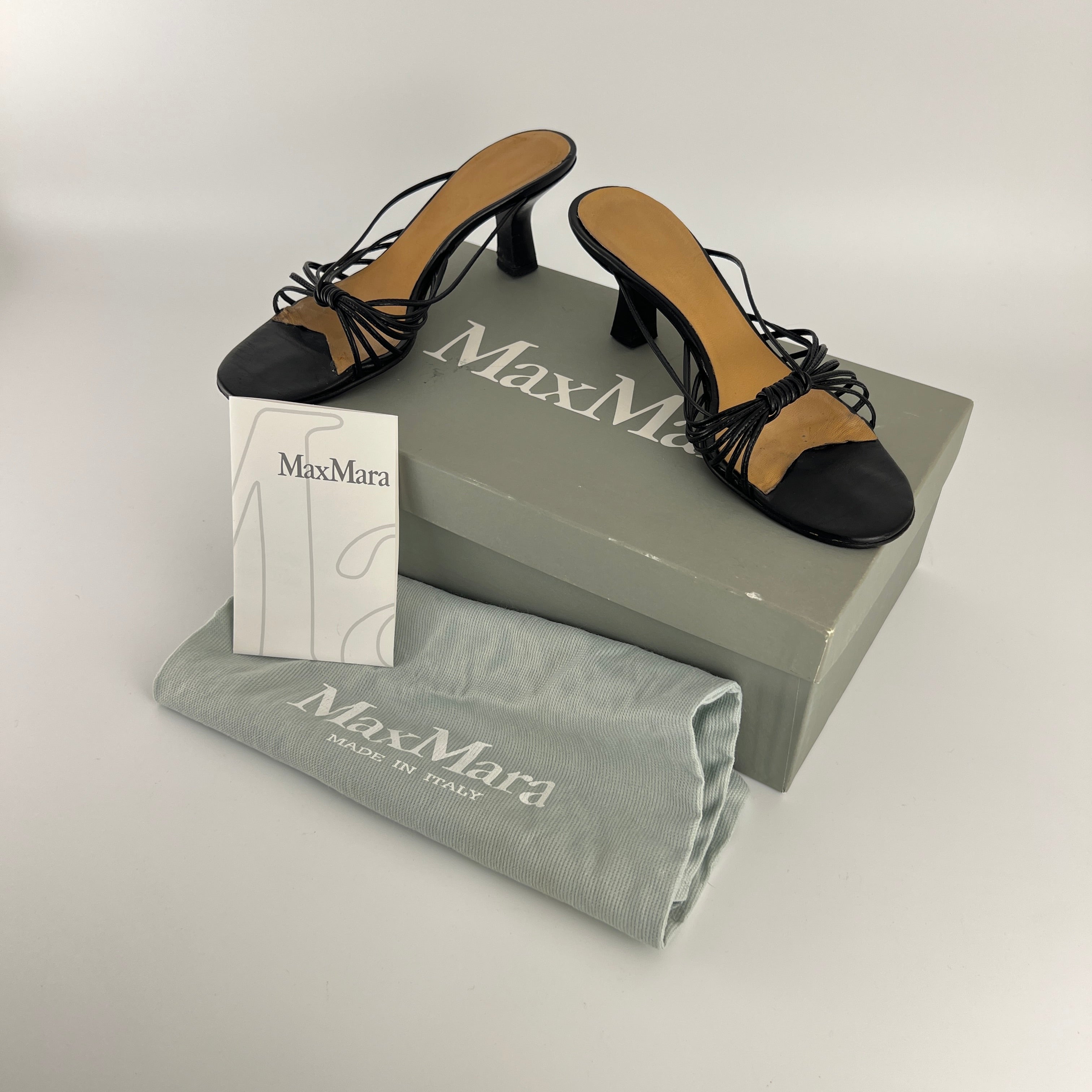 Max Mara | Black Leather Strappy Knot Kitten Heel Slide Mules (35)