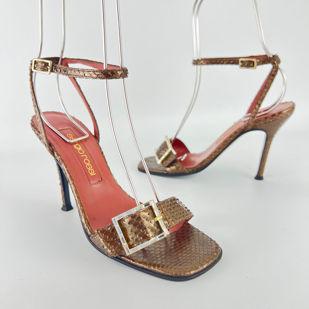 Sergio Rossi | Brown Snake Leather Crystal Buckle Strap Sandal Heels (35.5)