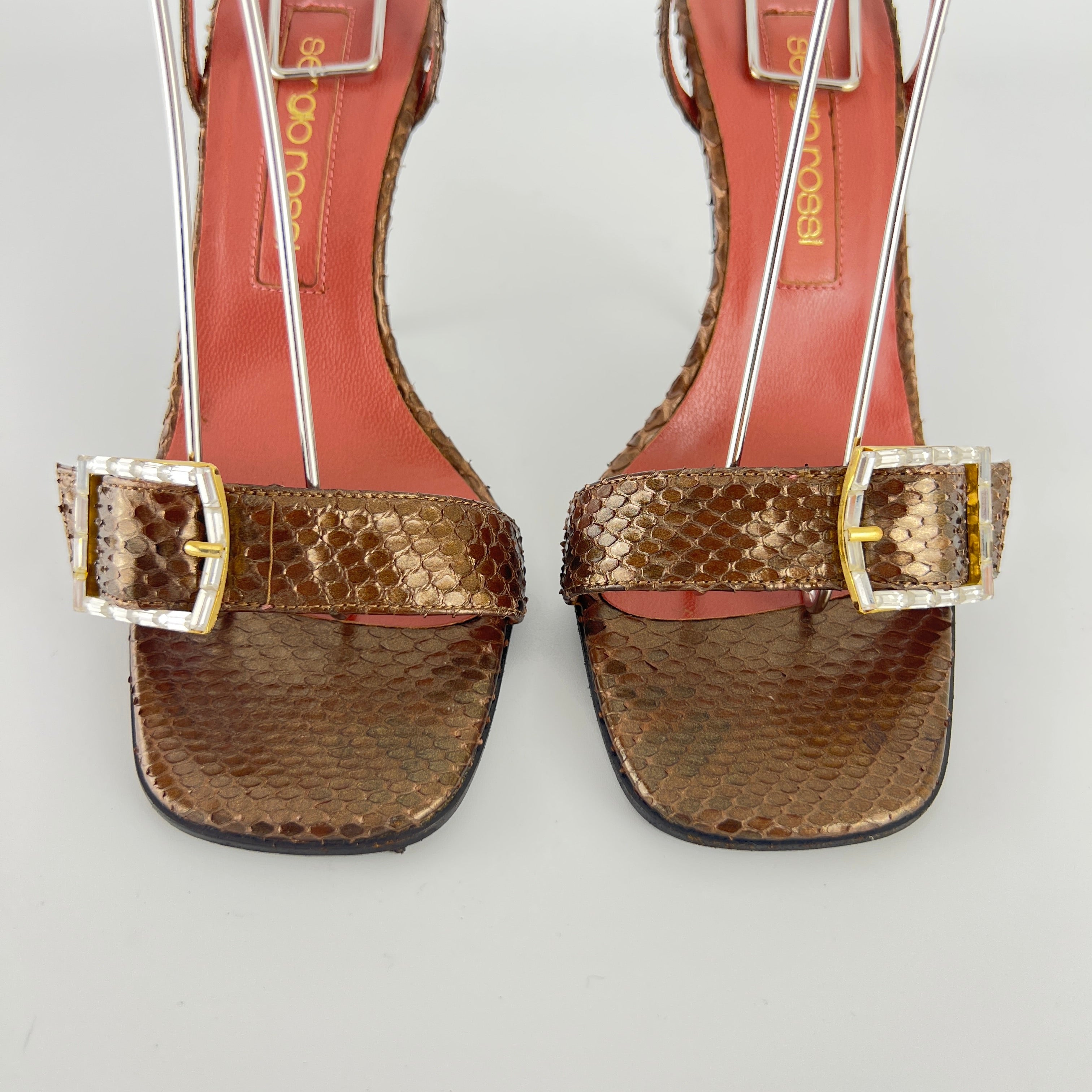 Sergio Rossi | Brown Snake Leather Crystal Buckle Strap Sandal Heels (35.5)