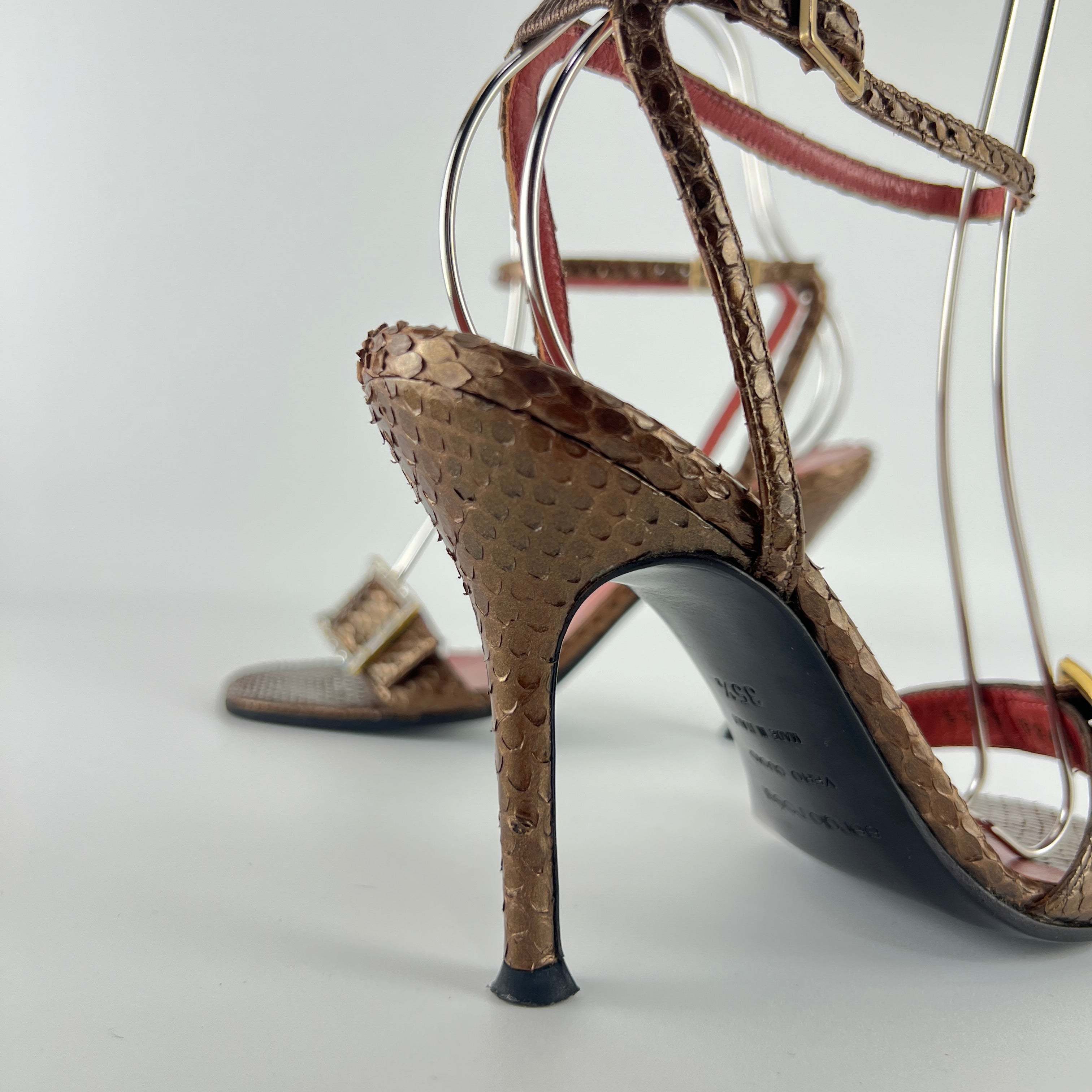 Sergio Rossi | Brown Snake Leather Crystal Buckle Strap Sandal Heels (35.5)