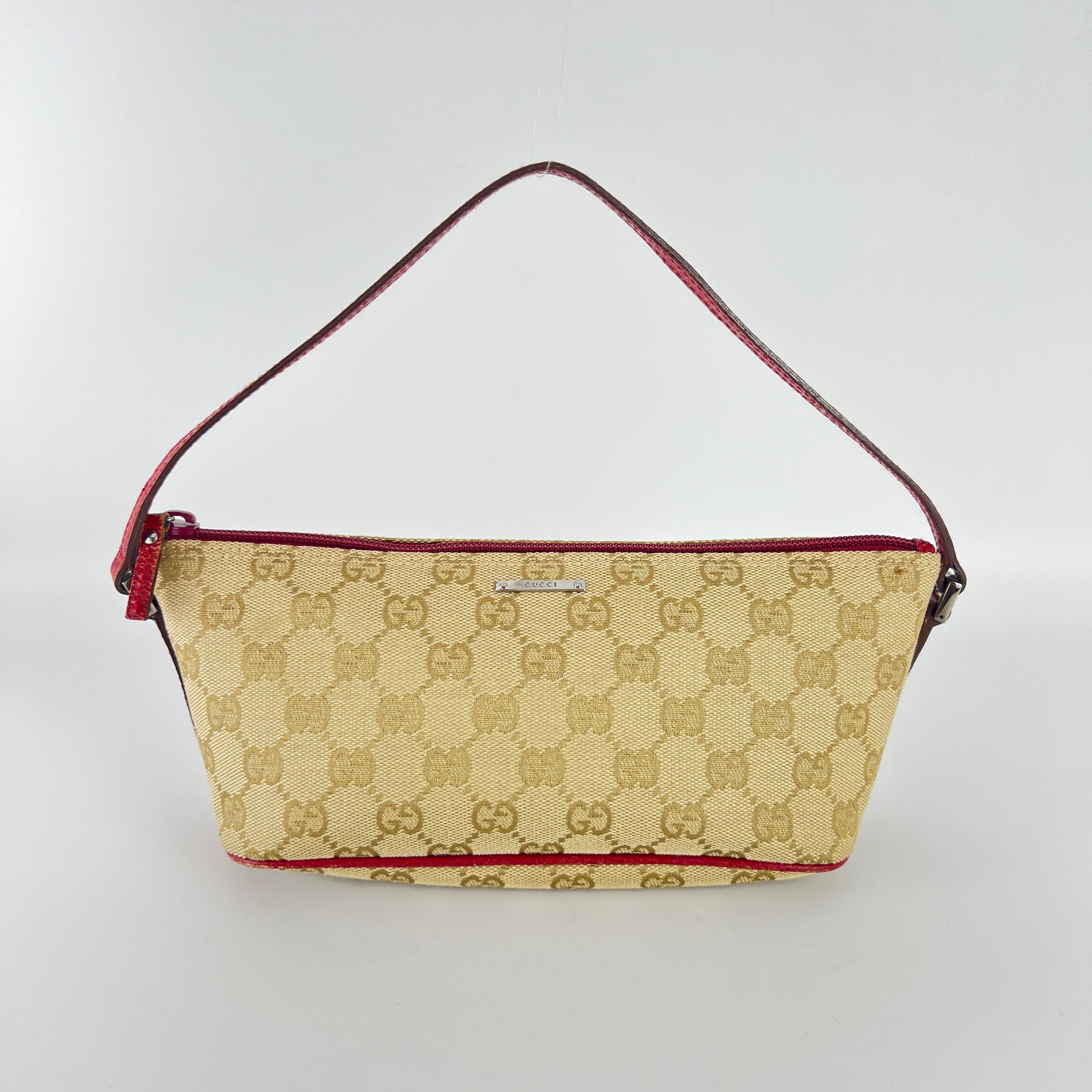 Gucci | Tom Ford Era Boat Pochette GG Monogram Beige Canvas Red Leather Bag