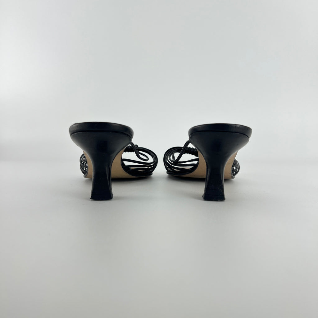 Max Mara | Black Leather Strappy Knot Kitten Heel Slide Mules (35)