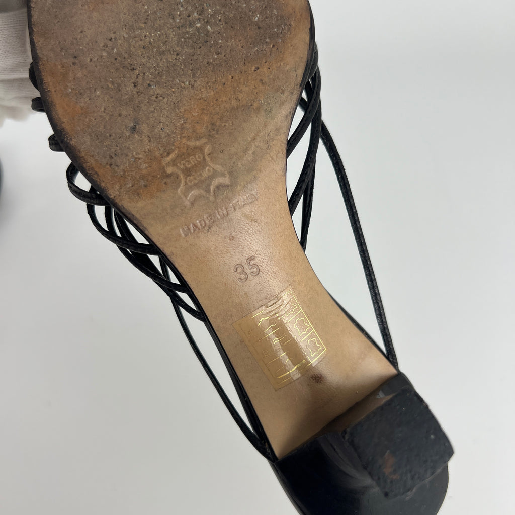 Max Mara | Black Leather Strappy Knot Kitten Heel Slide Mules (35)