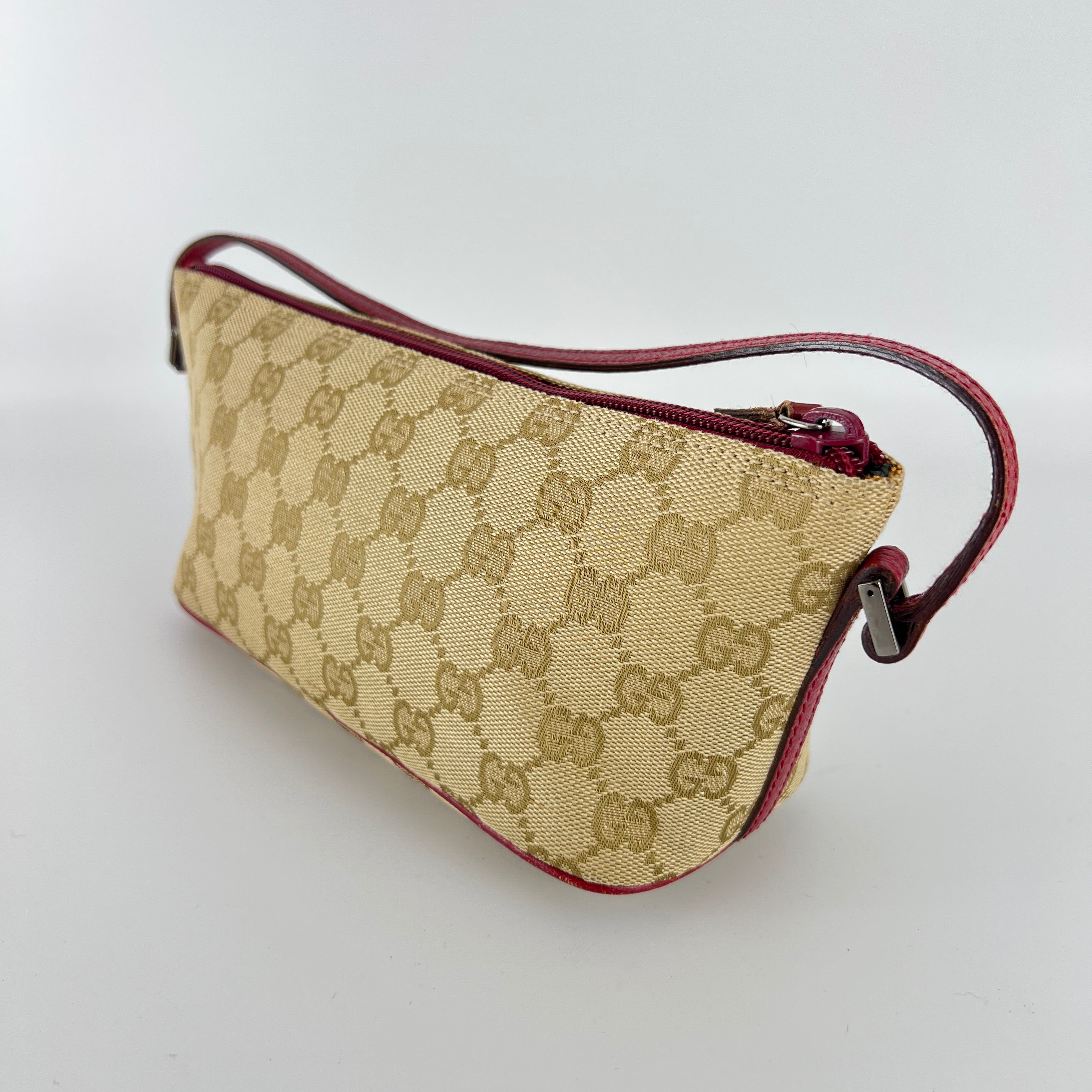 Gucci | Tom Ford Era Boat Pochette GG Monogram Beige Canvas Red Leather Bag