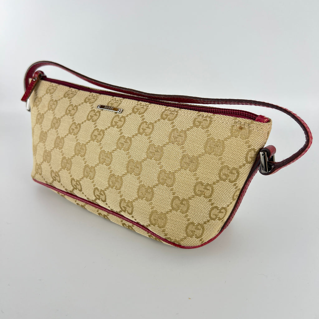 Gucci | Tom Ford Era Boat Pochette GG Monogram Beige Canvas Red Leather Bag