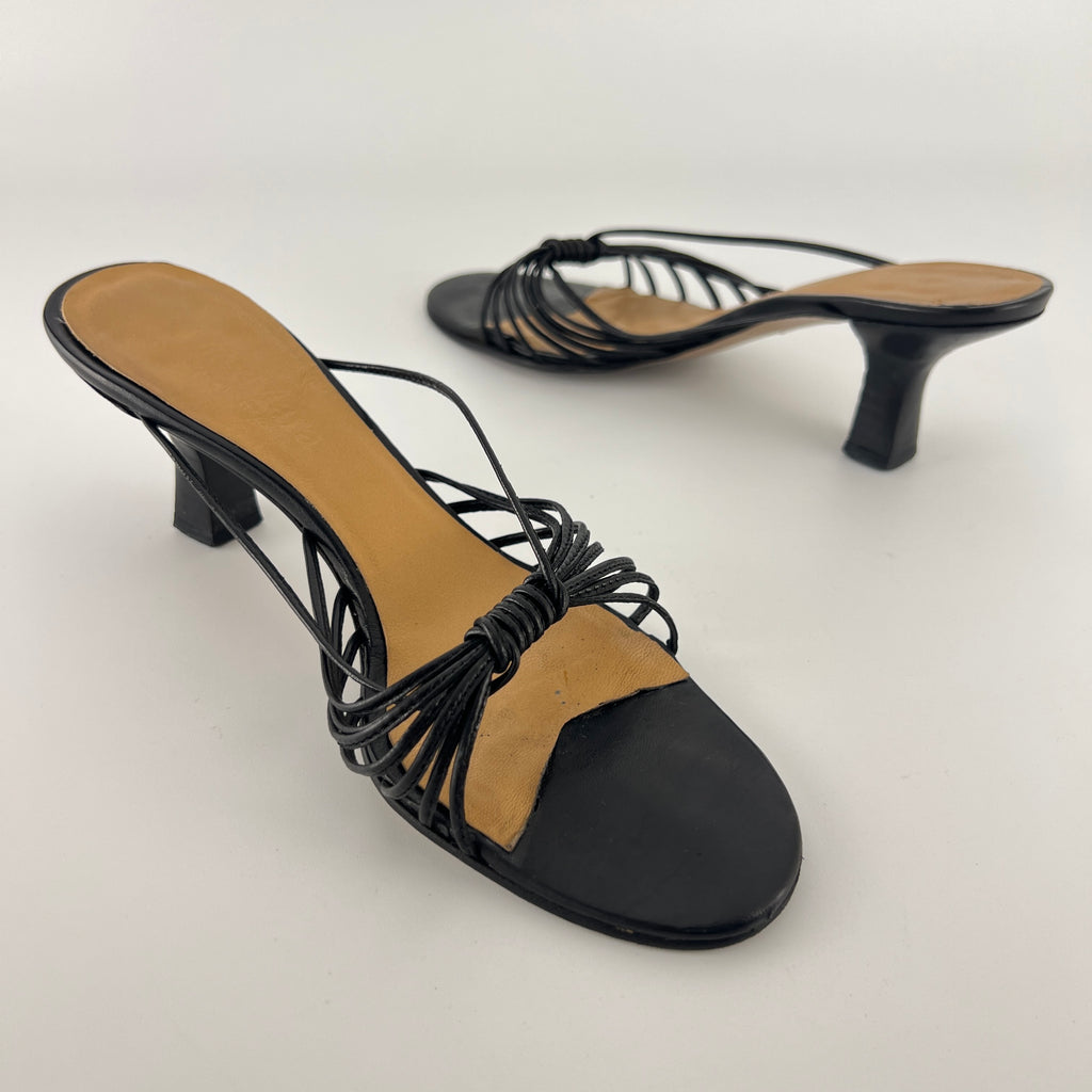 Max Mara | Black Leather Strappy Knot Kitten Heel Slide Mules (35)