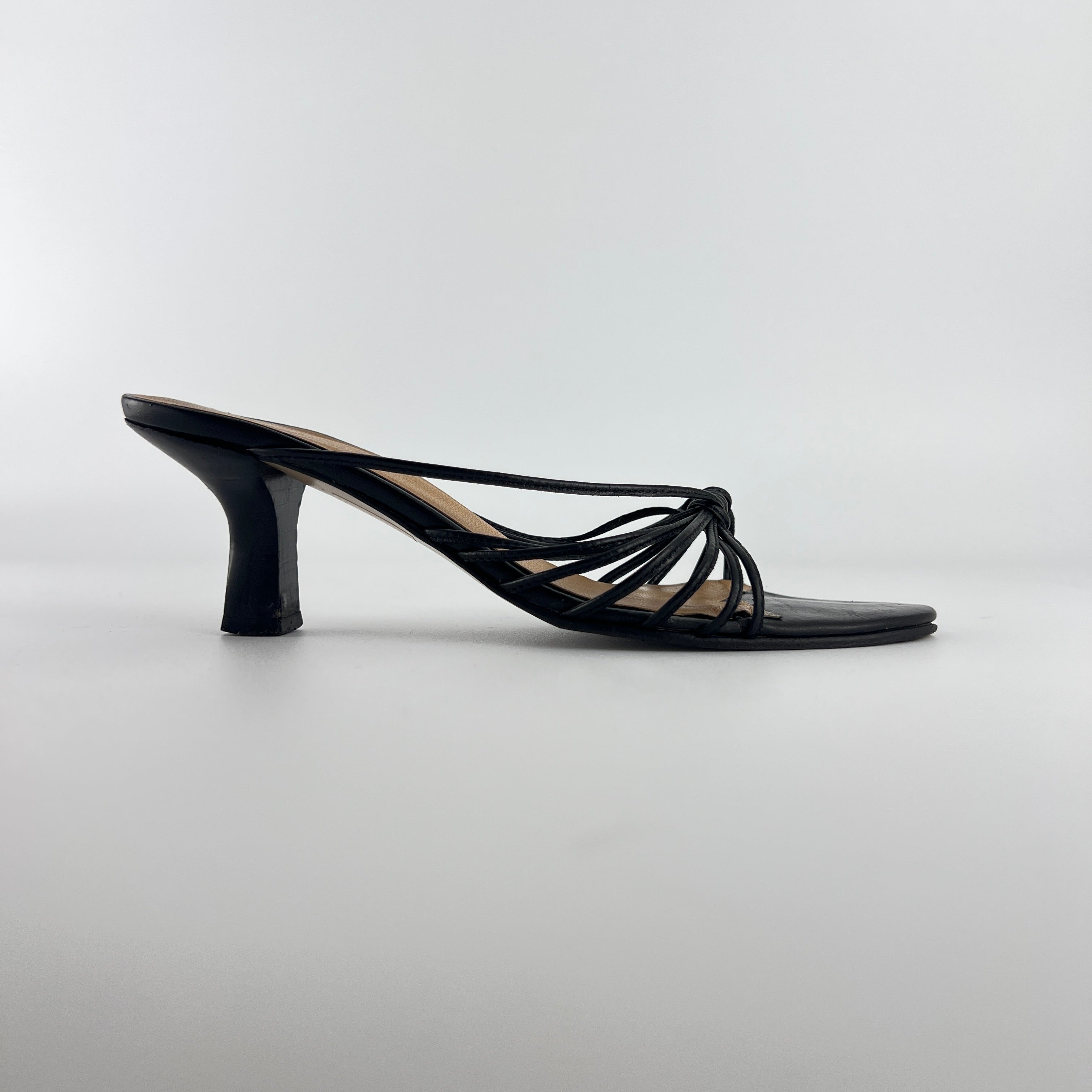 Max Mara | Black Leather Strappy Knot Kitten Heel Slide Mules (35)
