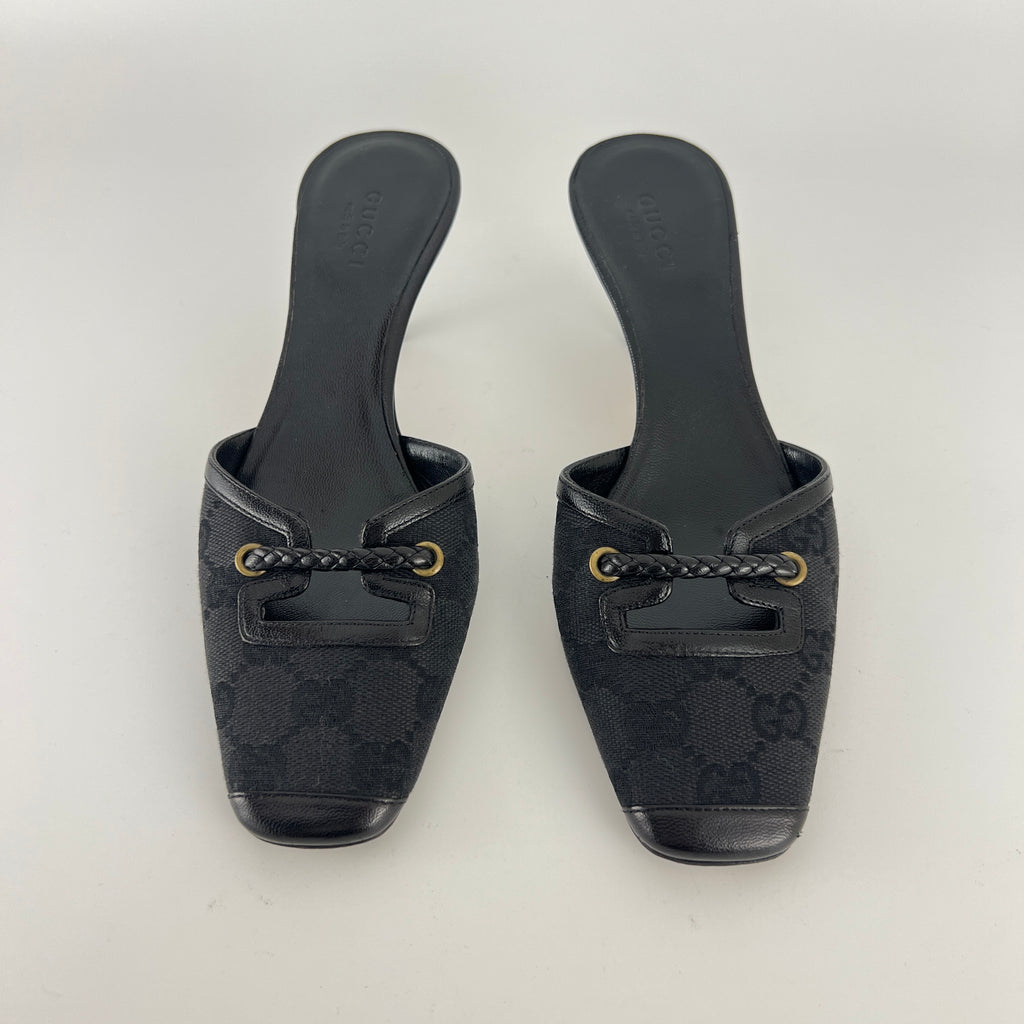 Gucci | Tom Ford Era Vintage Black GG Monogram Closed Toe Mid Heel Mules (34.5)