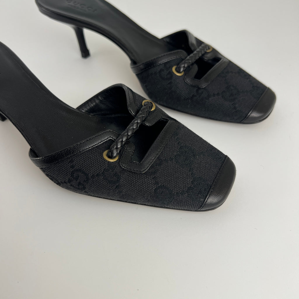 Gucci | Tom Ford Era Vintage Black GG Monogram Closed Toe Mid Heel Mules (34.5)