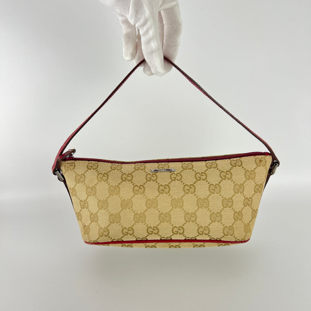 Gucci | Tom Ford Era Boat Pochette GG Monogram Beige Canvas Red Leather Bag