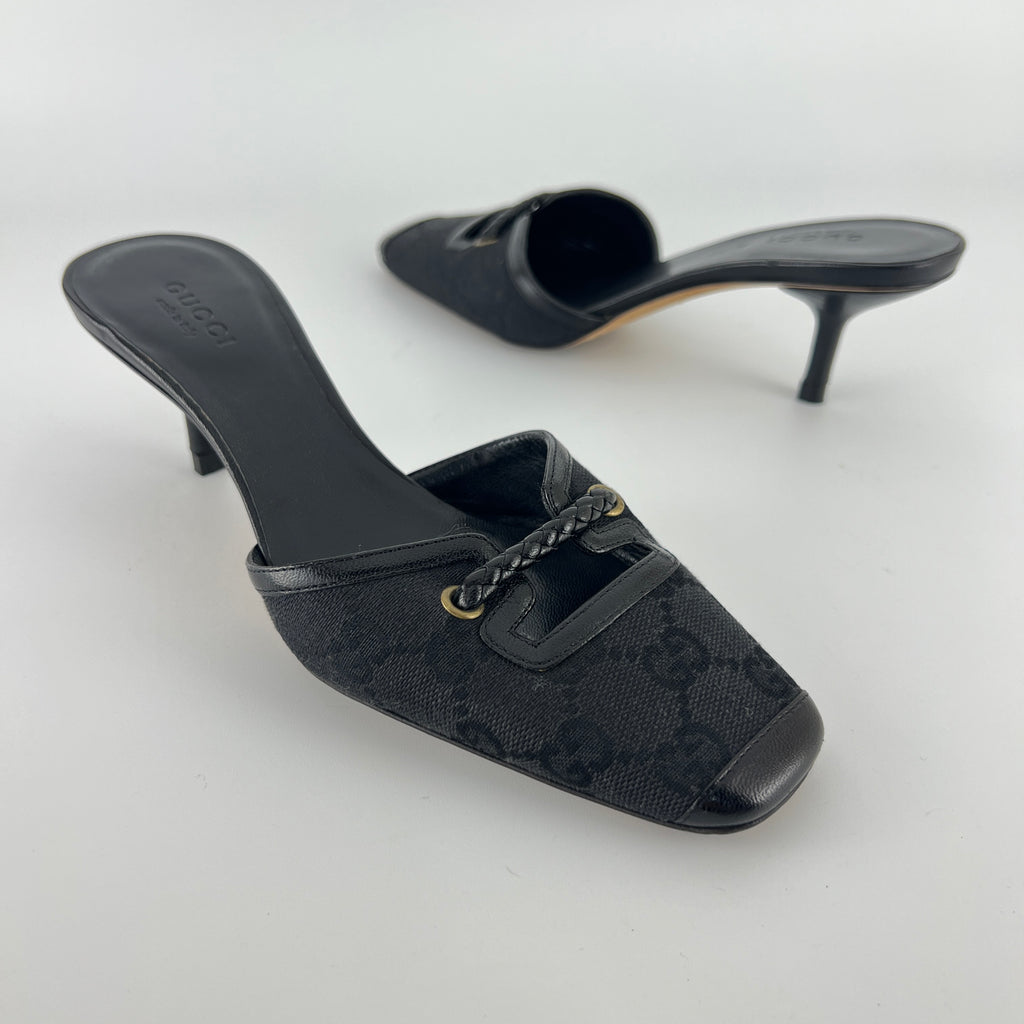 Gucci | Tom Ford Era Vintage Black GG Monogram Closed Toe Mid Heel Mules (34.5)