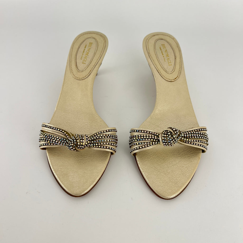 Bruno Magli | Metallic Pearl Rhinestone Strap Knot Kitten Heel Slide Mules (36)
