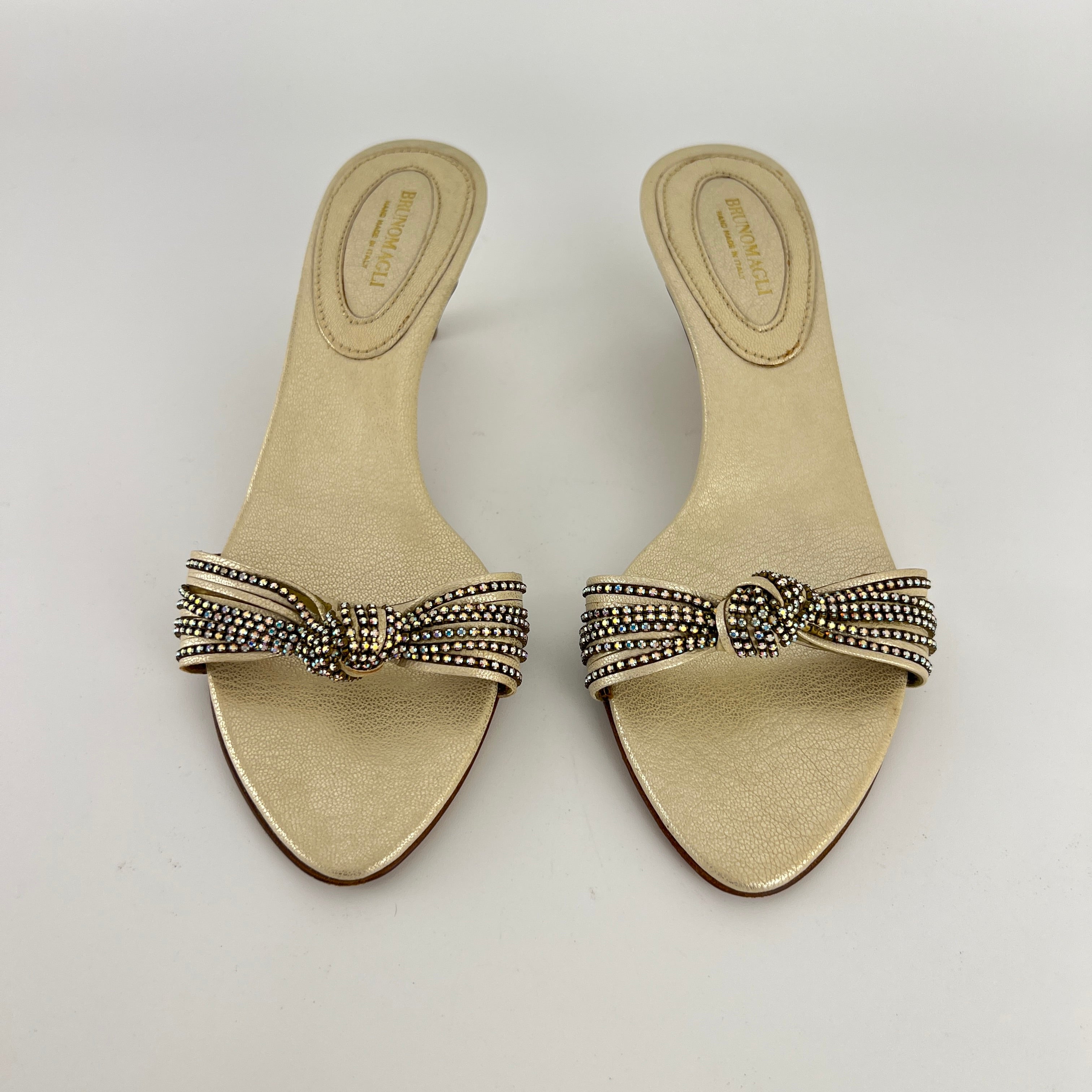 Bruno Magli | Metallic Pearl Rhinestone Strap Knot Kitten Heel Slide Mules (36)
