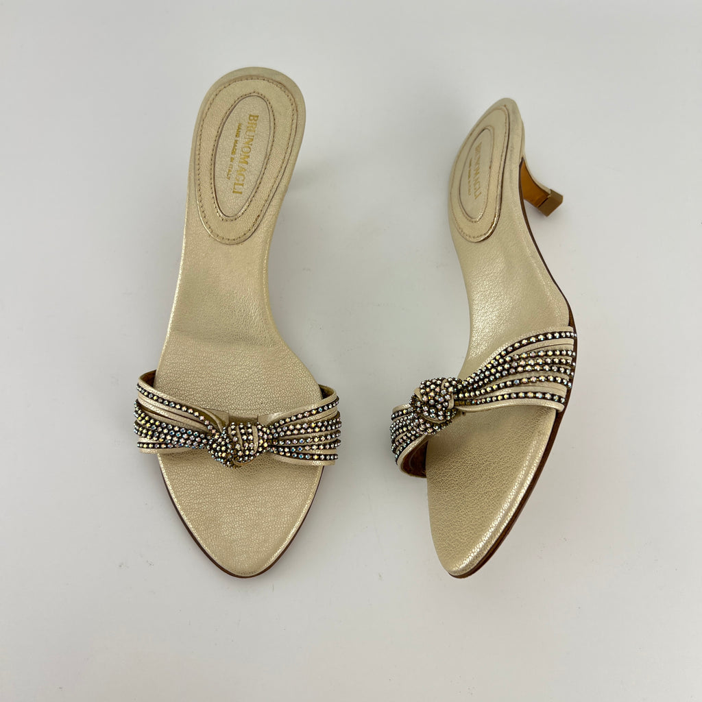 Bruno Magli | Metallic Pearl Rhinestone Strap Knot Kitten Heel Slide Mules (36)
