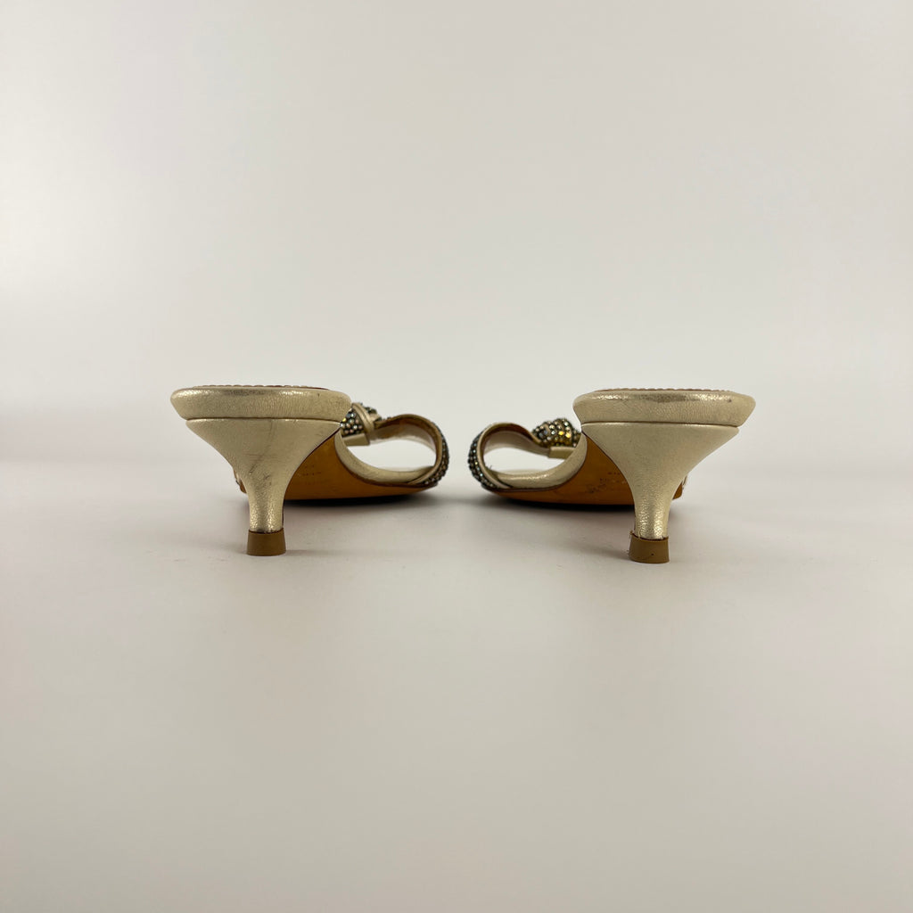 Bruno Magli | Metallic Pearl Rhinestone Strap Knot Kitten Heel Slide Mules (36)