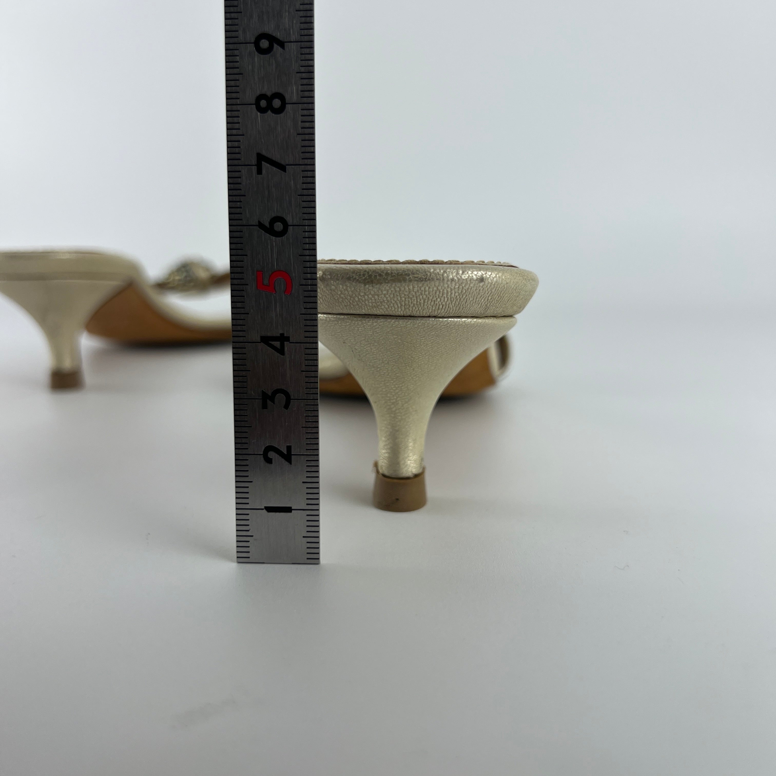 Bruno Magli | Metallic Pearl Rhinestone Strap Knot Kitten Heel Slide Mules (36)