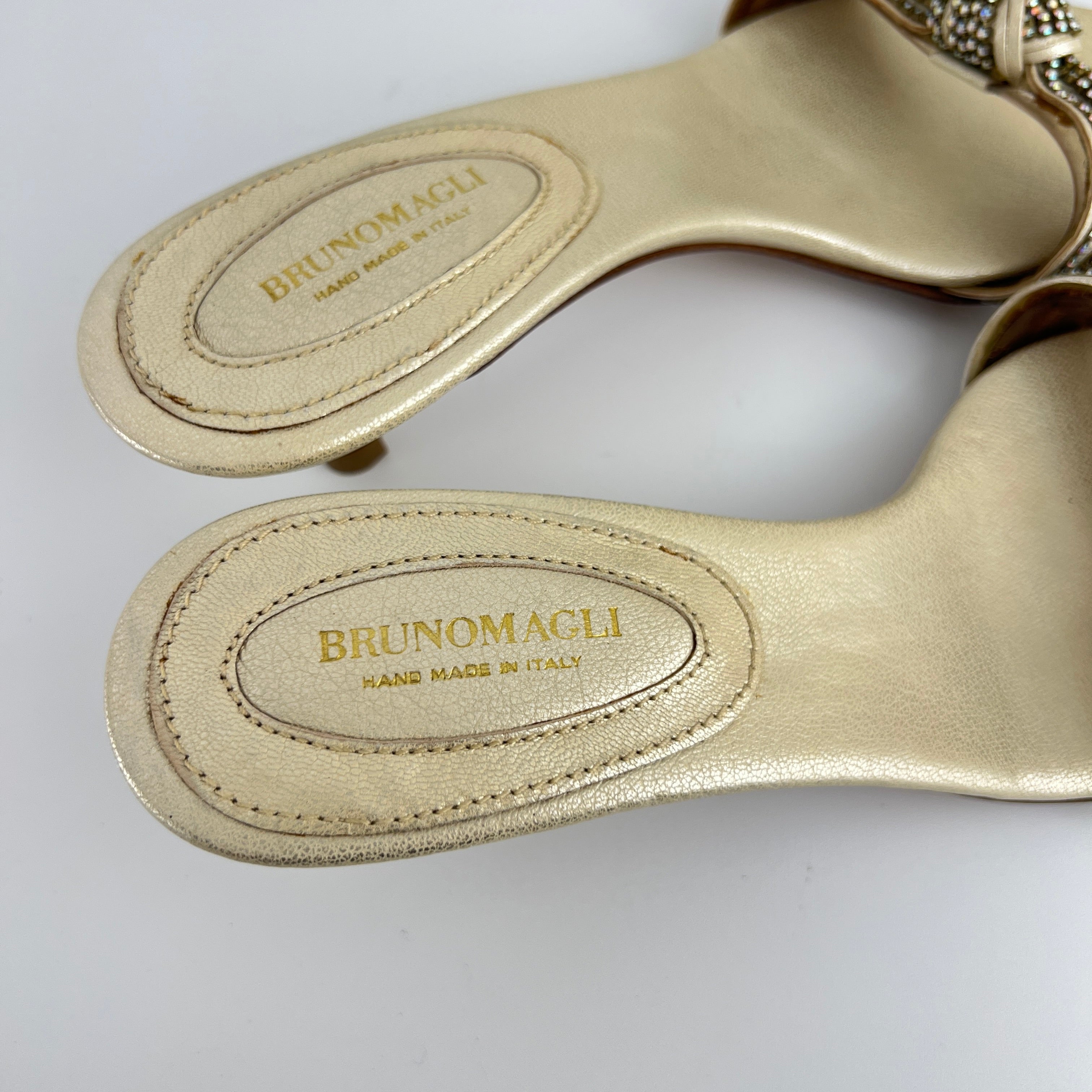 Bruno Magli | Metallic Pearl Rhinestone Strap Knot Kitten Heel Slide Mules (36)