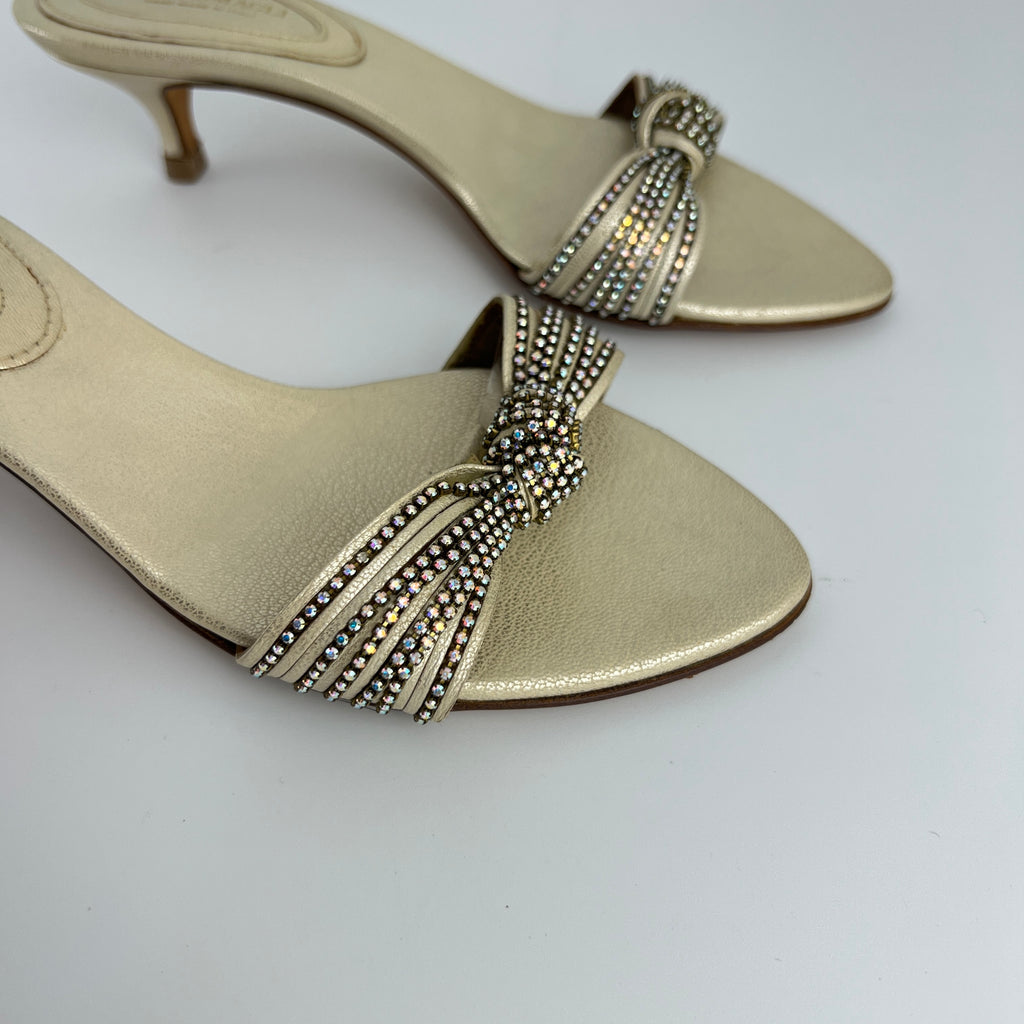 Bruno Magli | Metallic Pearl Rhinestone Strap Knot Kitten Heel Slide Mules (36)