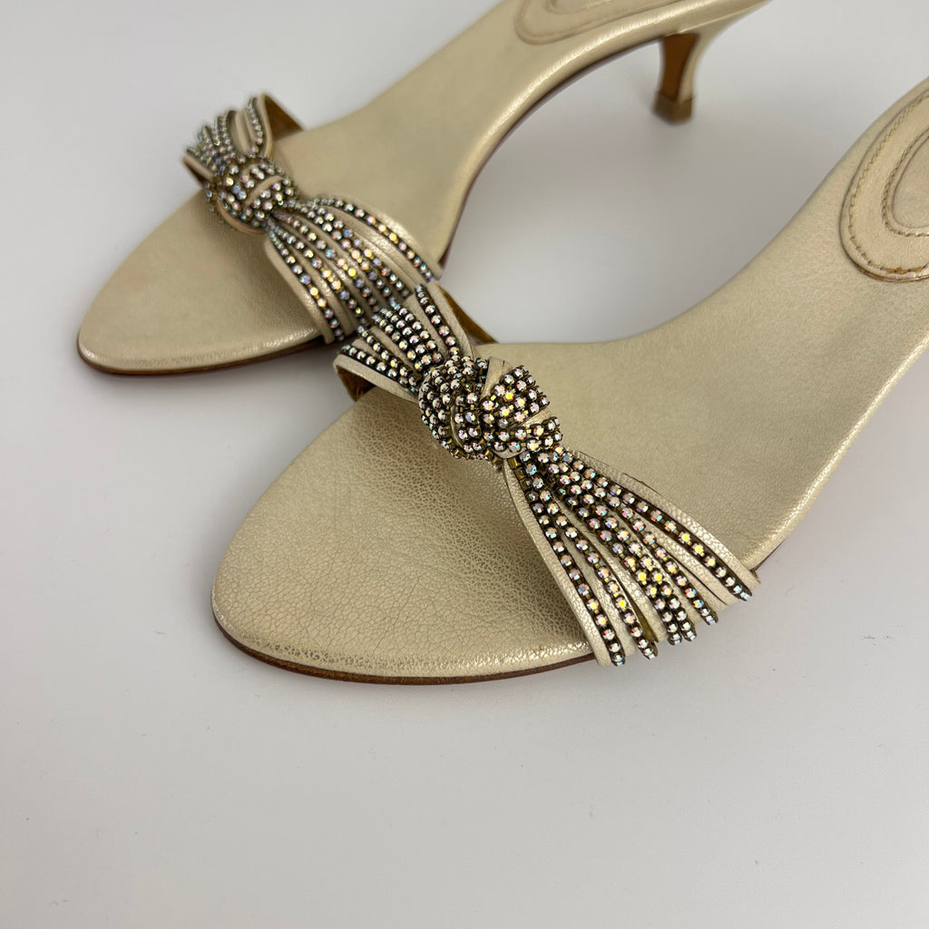 Bruno Magli | Metallic Pearl Rhinestone Strap Knot Kitten Heel Slide Mules (36)