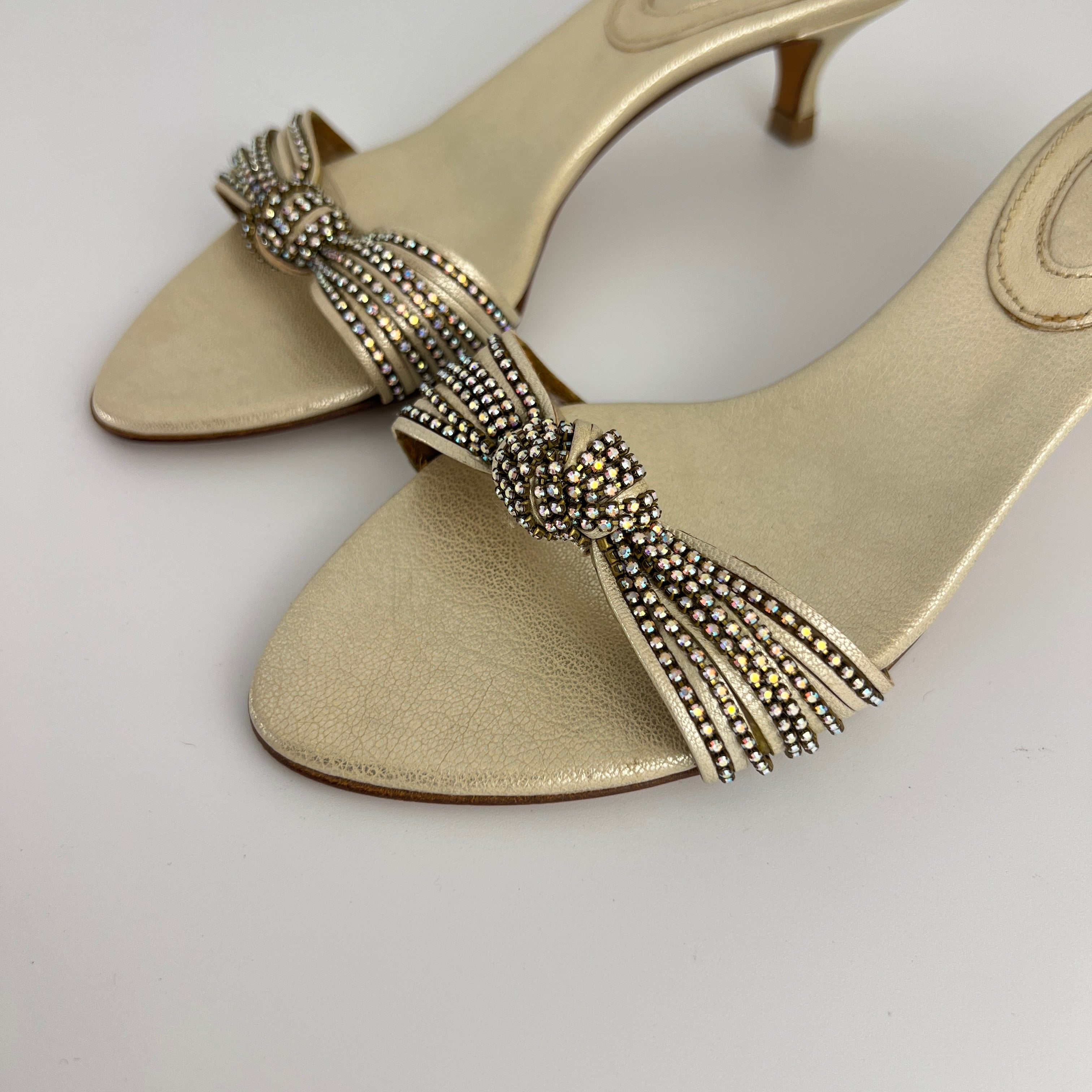 Bruno Magli | Metallic Pearl Rhinestone Strap Knot Kitten Heel Slide Mules (36)