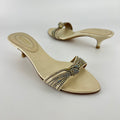 Bruno Magli | Metallic Pearl Rhinestone Strap Knot Kitten Heel Slide Mules (36)