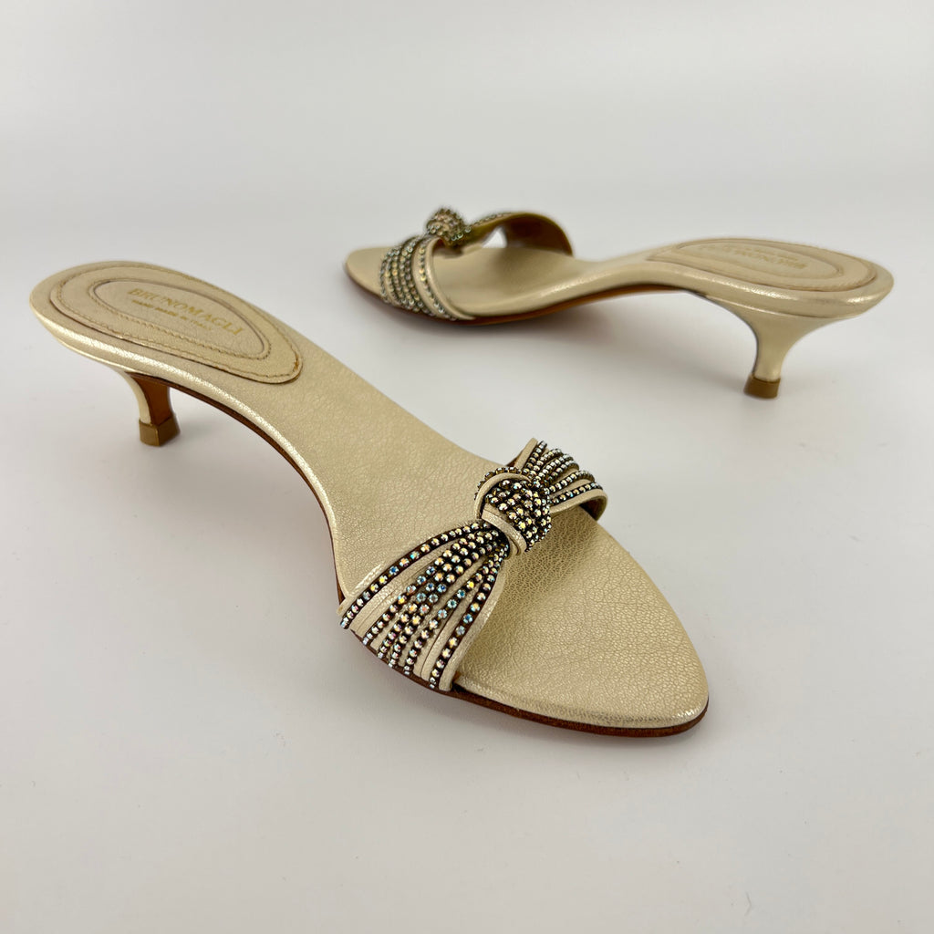 Bruno Magli | Metallic Pearl Rhinestone Strap Knot Kitten Heel Slide Mules (36)