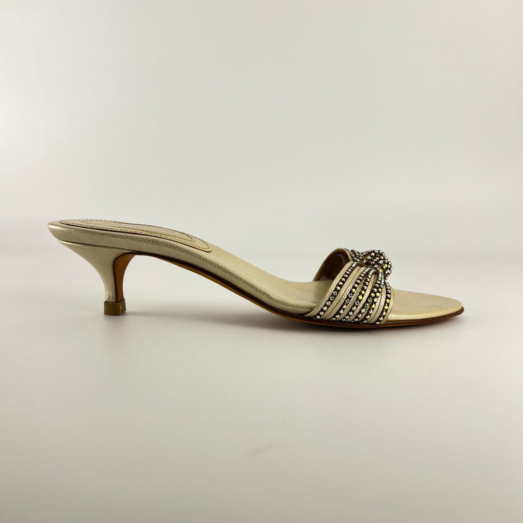 Bruno Magli | Metallic Pearl Rhinestone Strap Knot Kitten Heel Slide Mules (36)