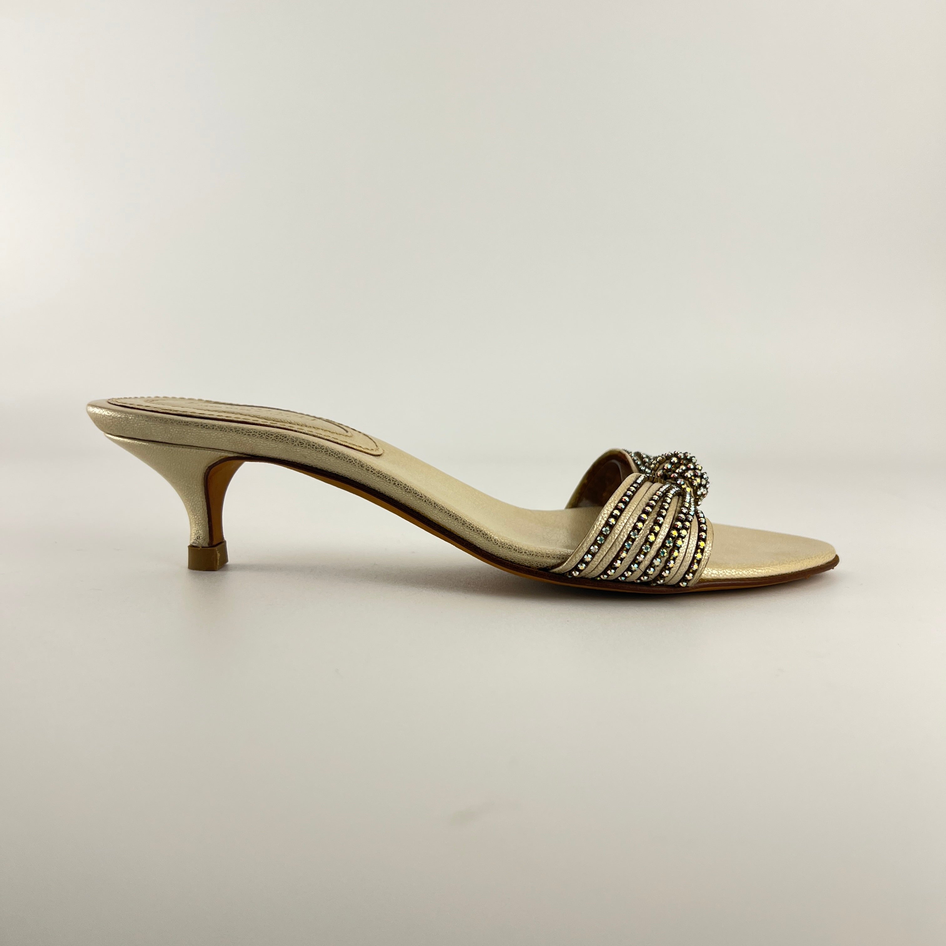 Bruno Magli | Metallic Pearl Rhinestone Strap Knot Kitten Heel Slide Mules (36)