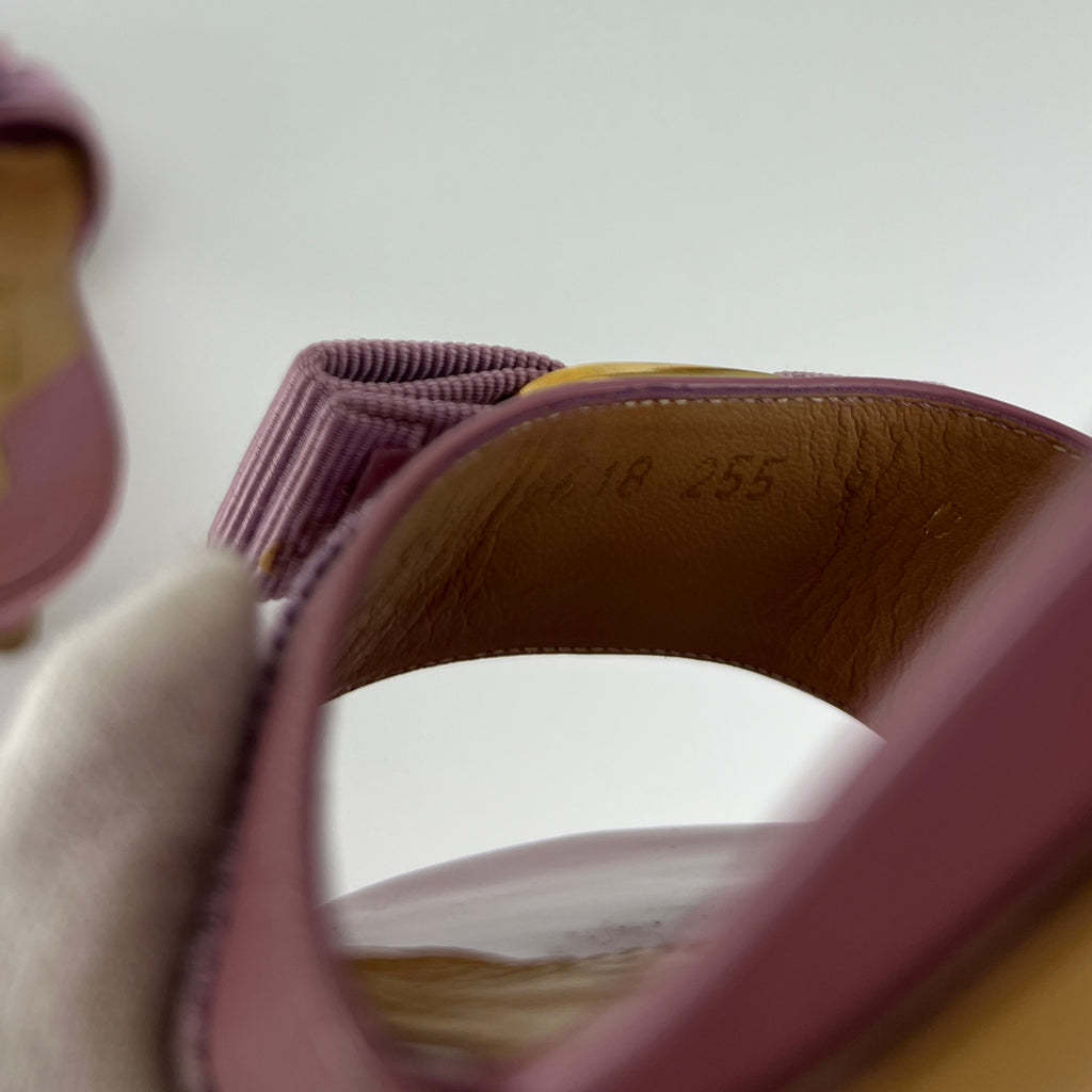 Ferragamo | Vara Bow Pink Patent Leather Gold Sandal Mules (9 , 39)
