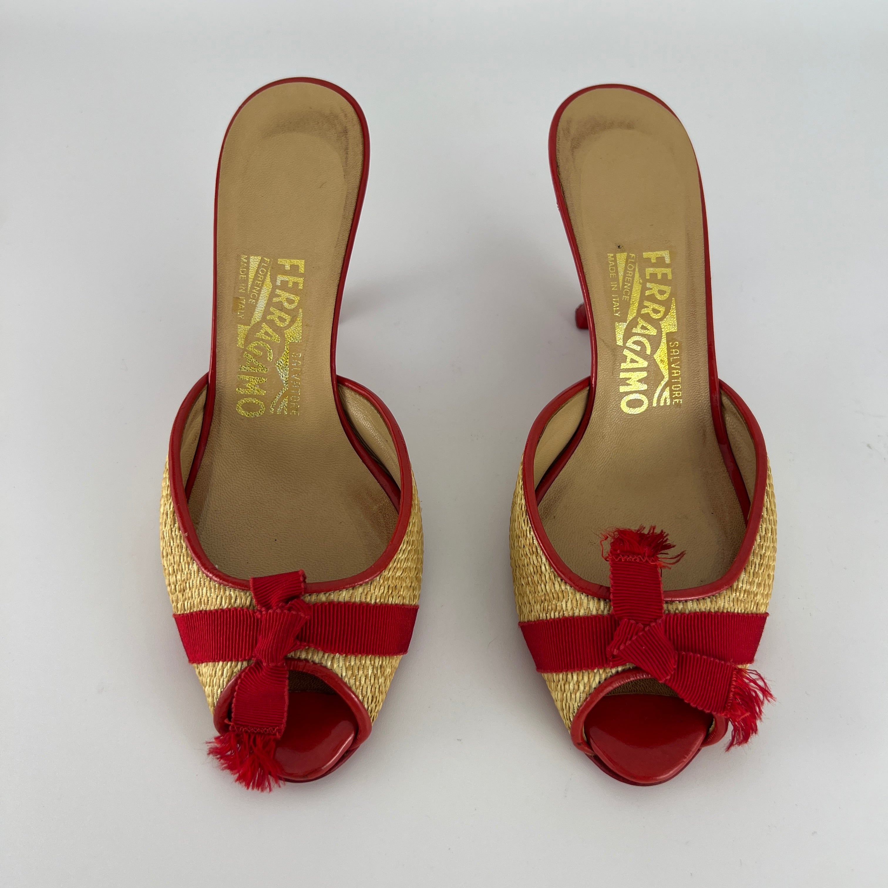 Ferragamo | Woven Raffia Red Bow Leather Trim Slide Mules (5.5 , 35.5)