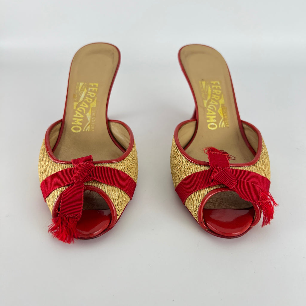 Ferragamo | Woven Raffia Red Bow Leather Trim Slide Mules (5.5 , 35.5)