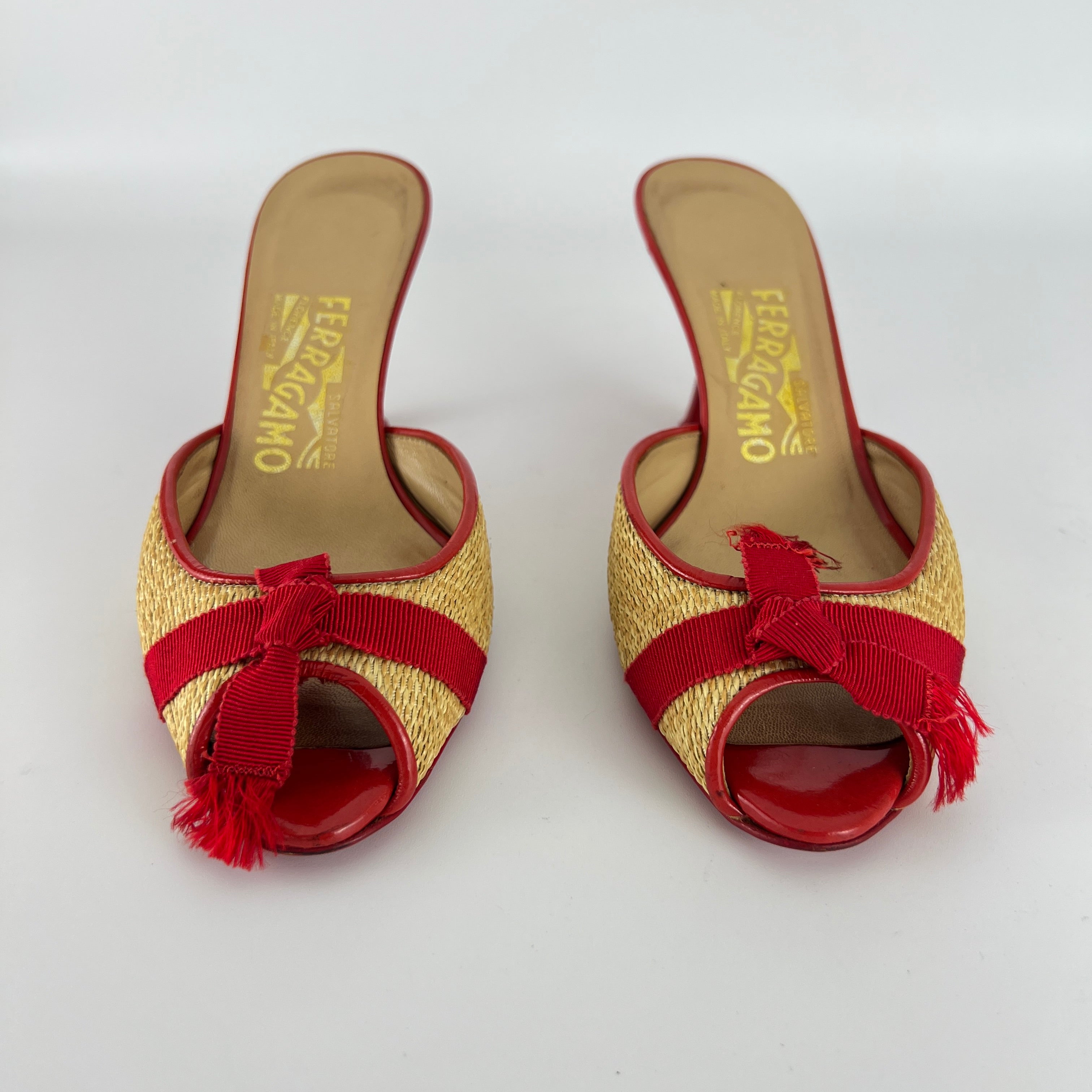 Ferragamo | Woven Raffia Red Bow Leather Trim Slide Mules (5.5 , 35.5)