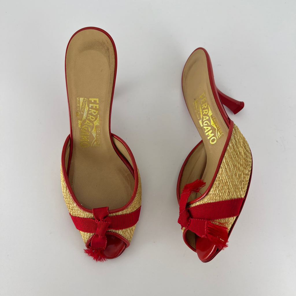 Ferragamo | Woven Raffia Red Bow Leather Trim Slide Mules (5.5 , 35.5)