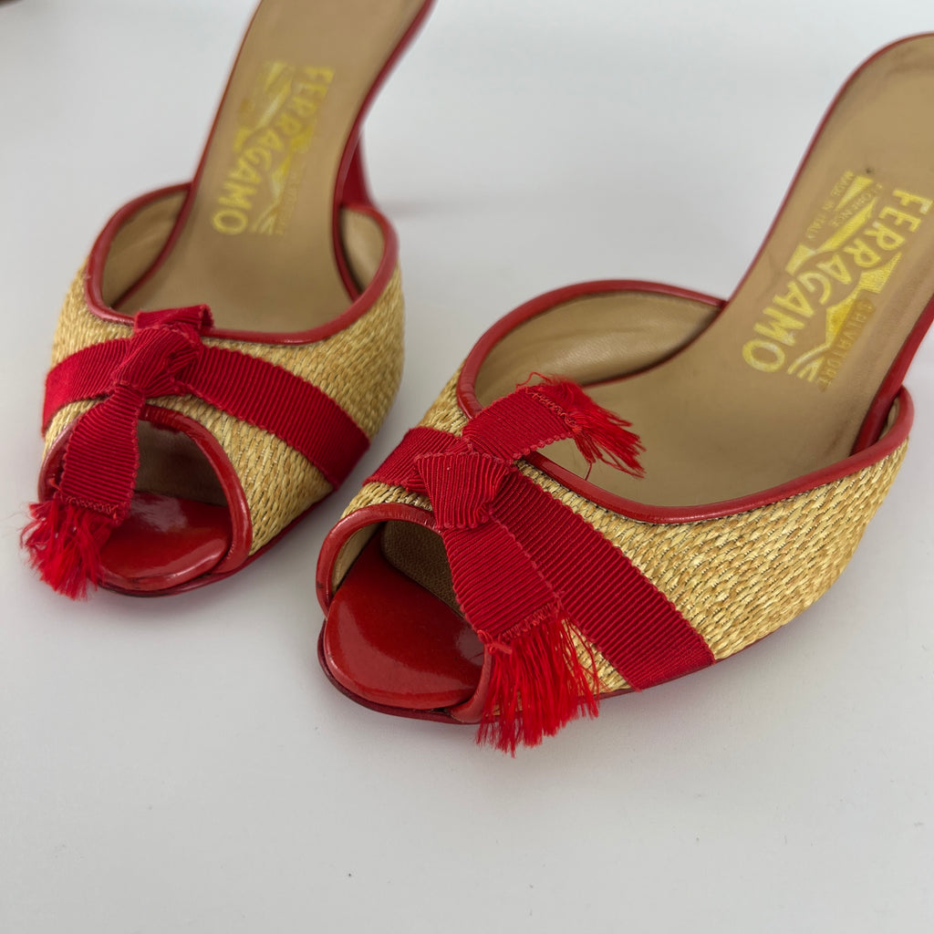Ferragamo | Woven Raffia Red Bow Leather Trim Slide Mules (5.5 , 35.5)