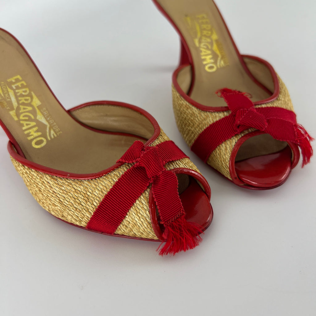 Ferragamo | Woven Raffia Red Bow Leather Trim Slide Mules (5.5 , 35.5)