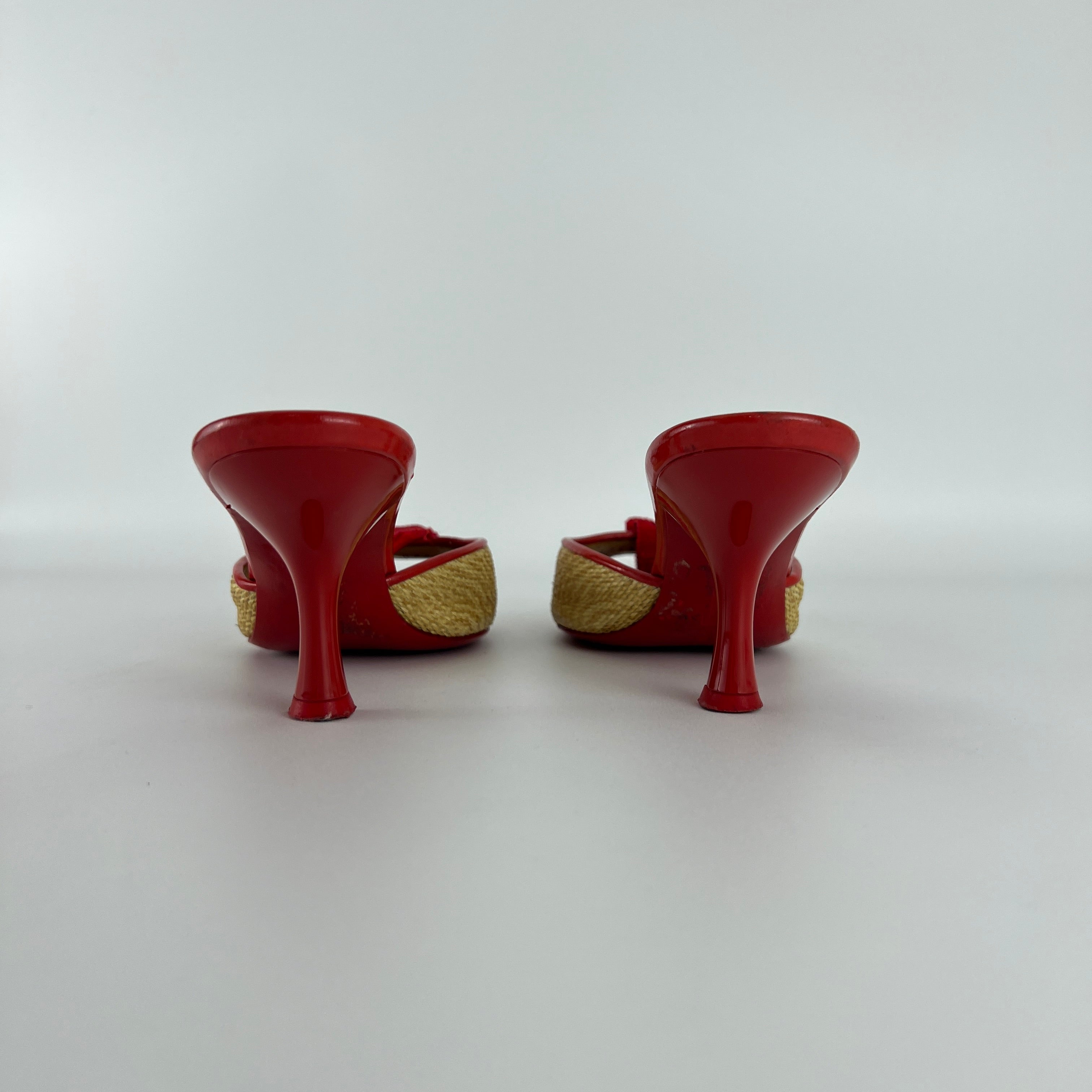 Ferragamo | Woven Raffia Red Bow Leather Trim Slide Mules (5.5 , 35.5)