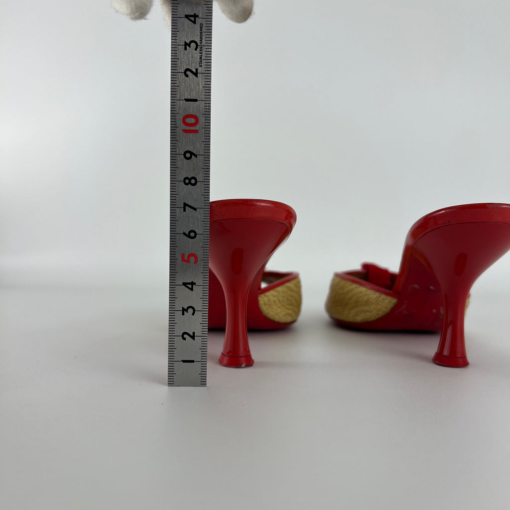 Ferragamo | Woven Raffia Red Bow Leather Trim Slide Mules (5.5 , 35.5)