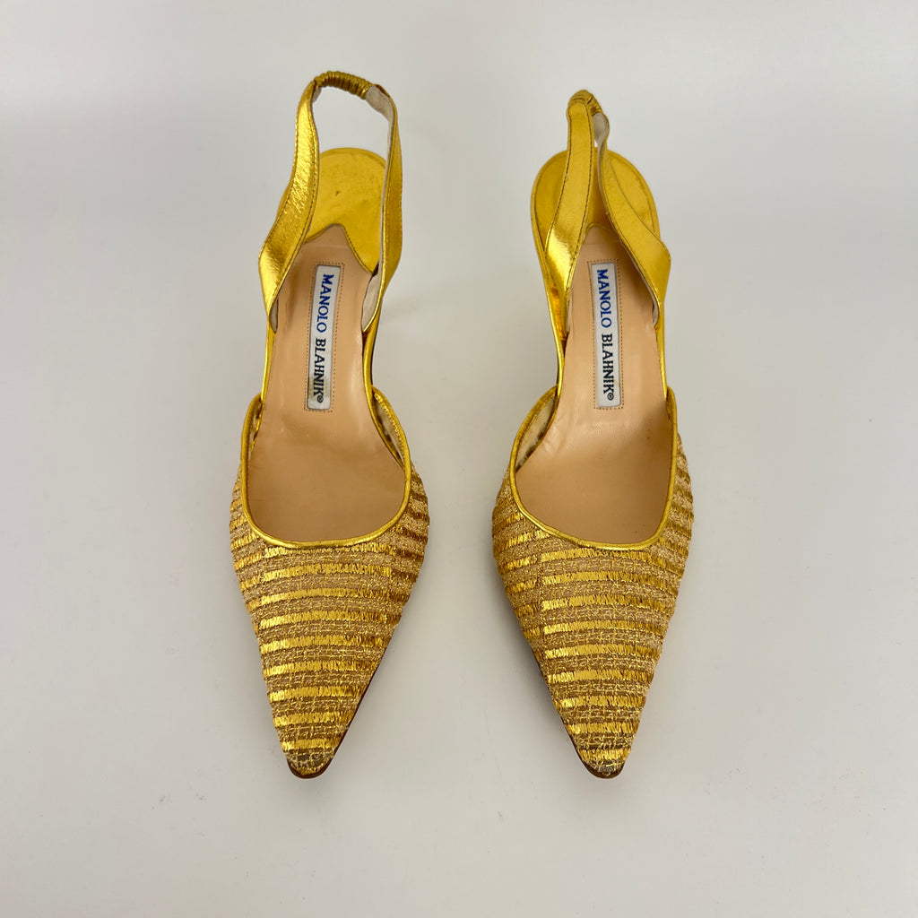Manolo Blahnik | Vintage Metallic Gold Mesh Pointed Toe Slingback Heels (39)