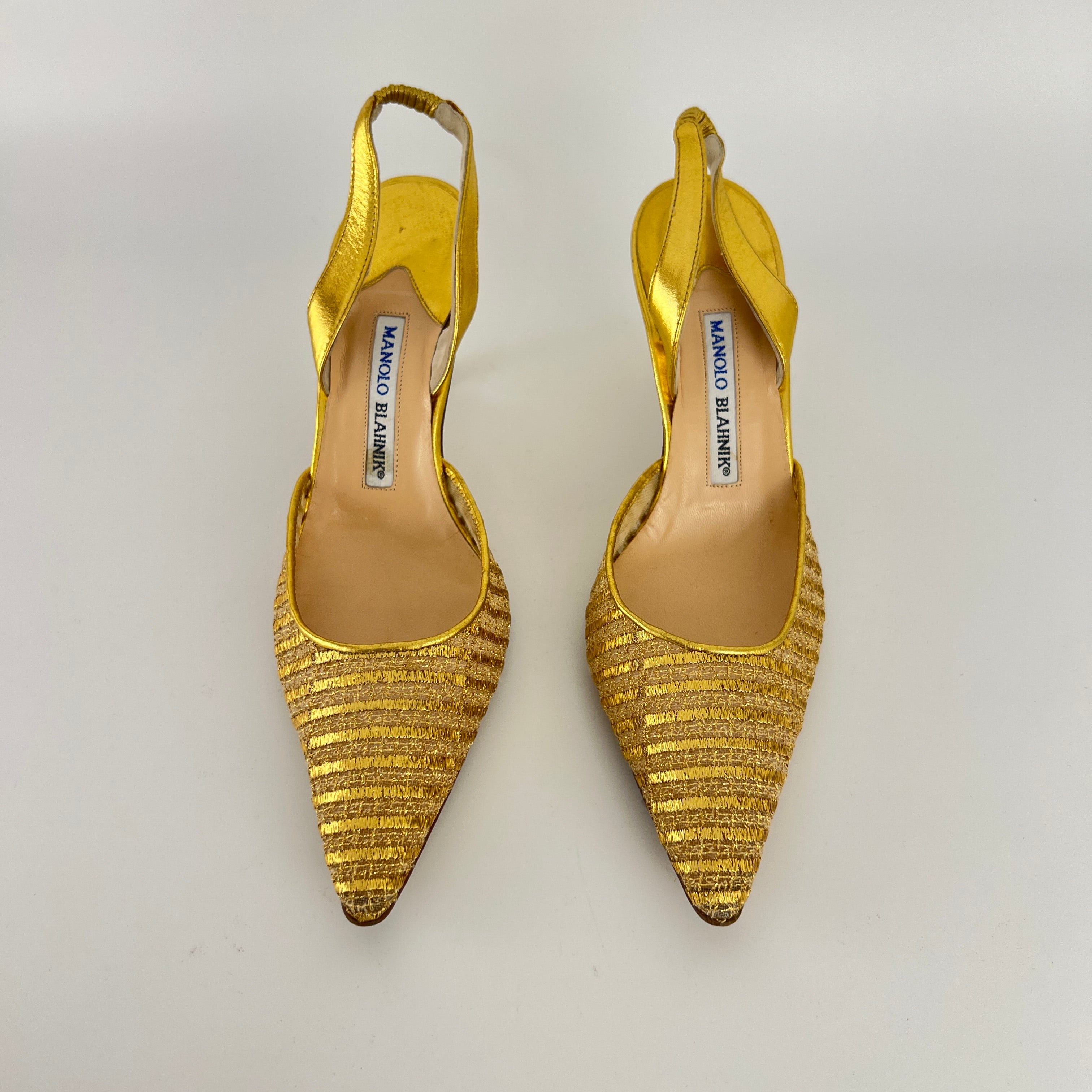Manolo Blahnik | Vintage Metallic Gold Mesh Pointed Toe Slingback Heels (39)