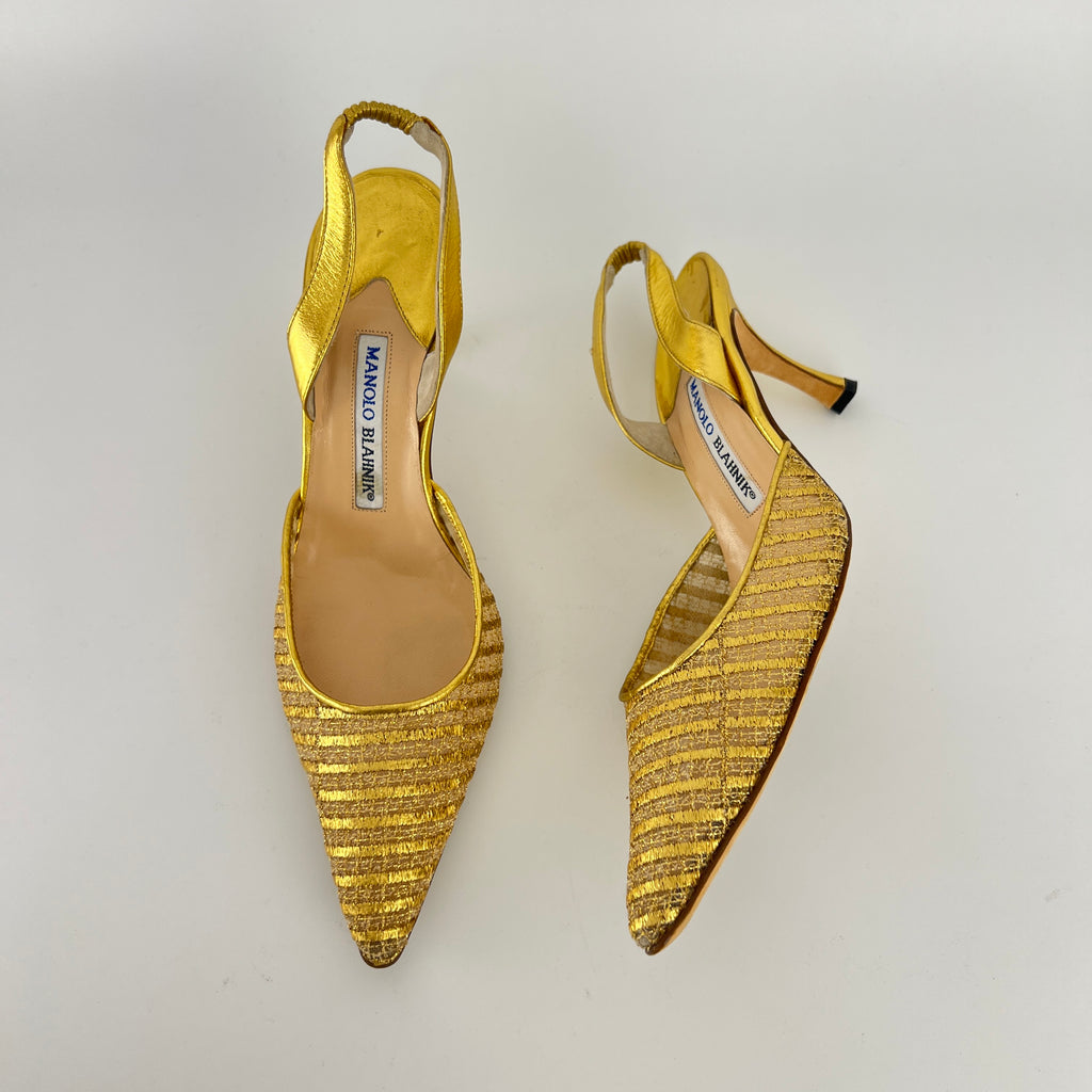 Manolo Blahnik | Vintage Metallic Gold Mesh Pointed Toe Slingback Heels (39)