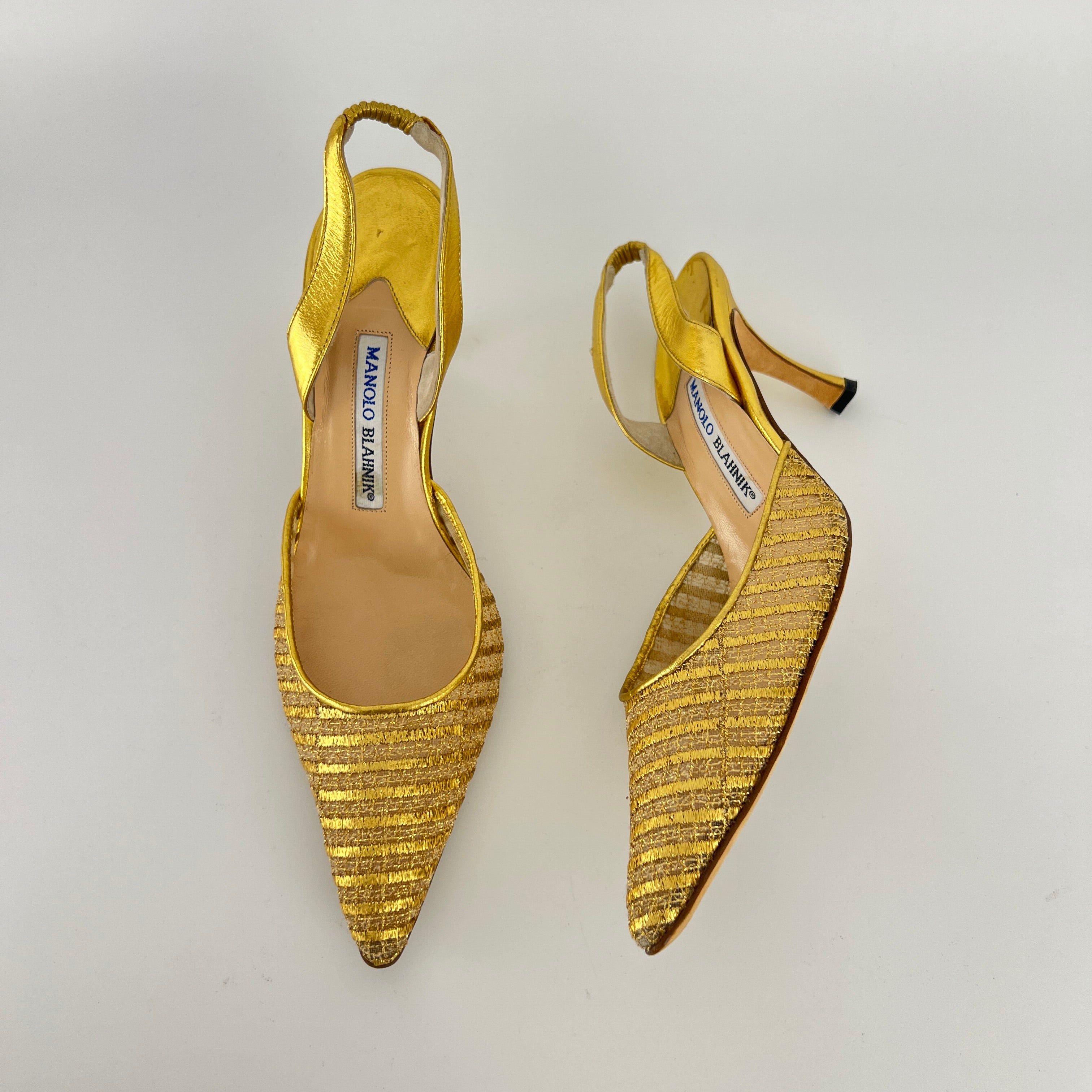 Manolo Blahnik | Vintage Metallic Gold Mesh Pointed Toe Slingback Heels (39)