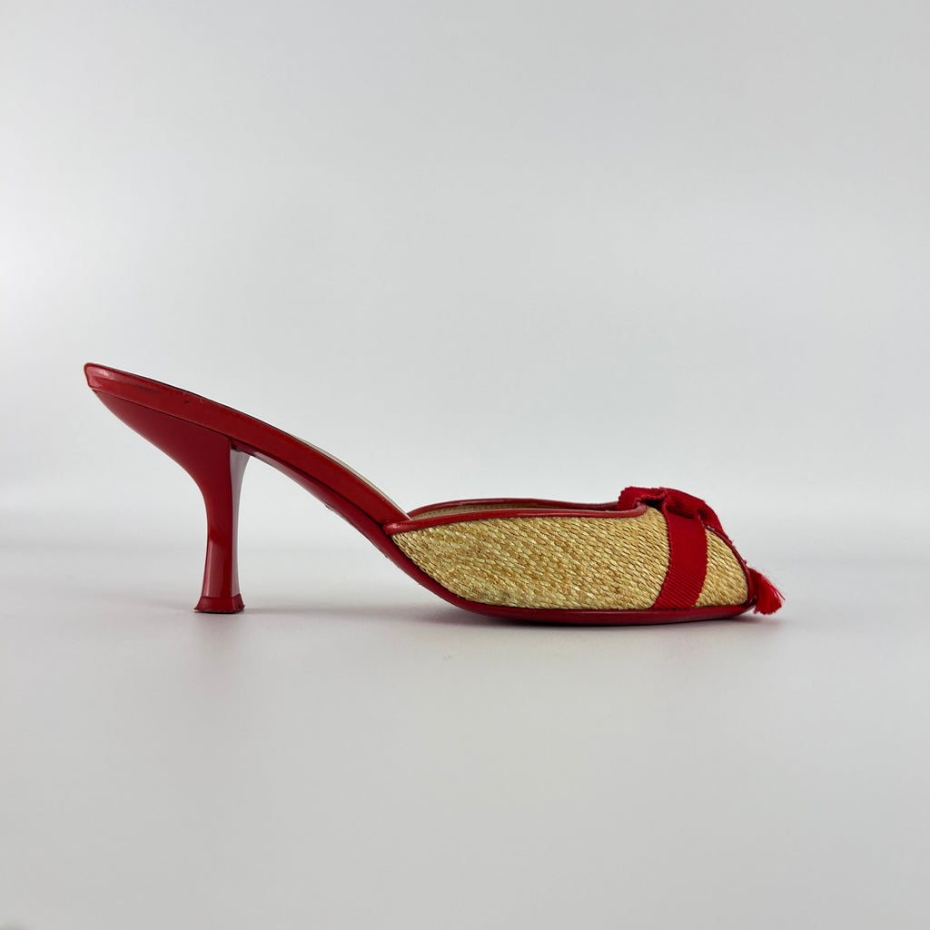 Ferragamo | Woven Raffia Red Bow Leather Trim Slide Mules (5.5 , 35.5)
