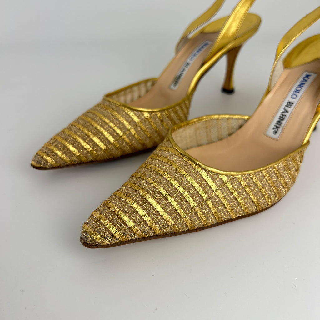 Manolo Blahnik | Vintage Metallic Gold Mesh Pointed Toe Slingback Heels (39)