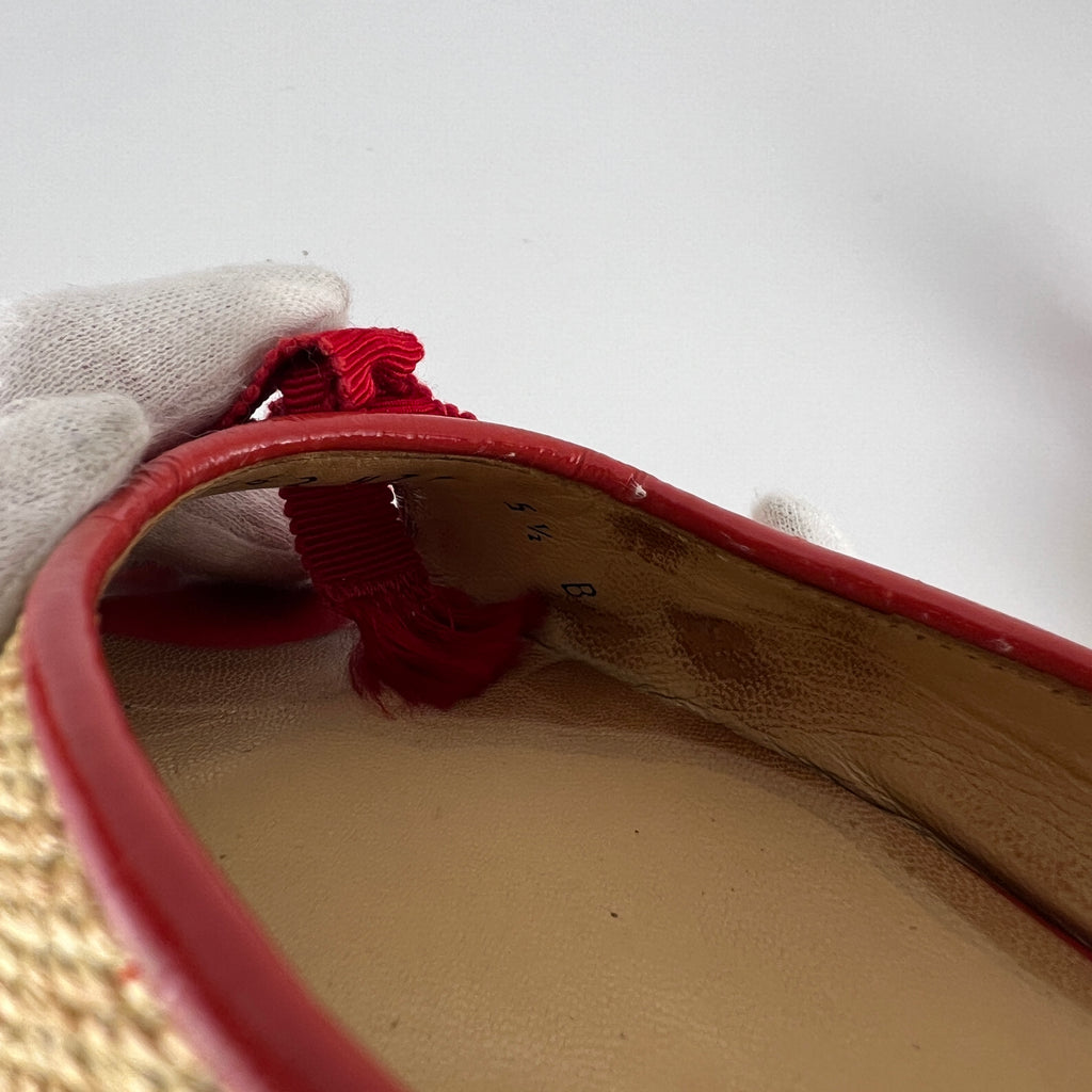Ferragamo | Woven Raffia Red Bow Leather Trim Slide Mules (5.5 , 35.5)