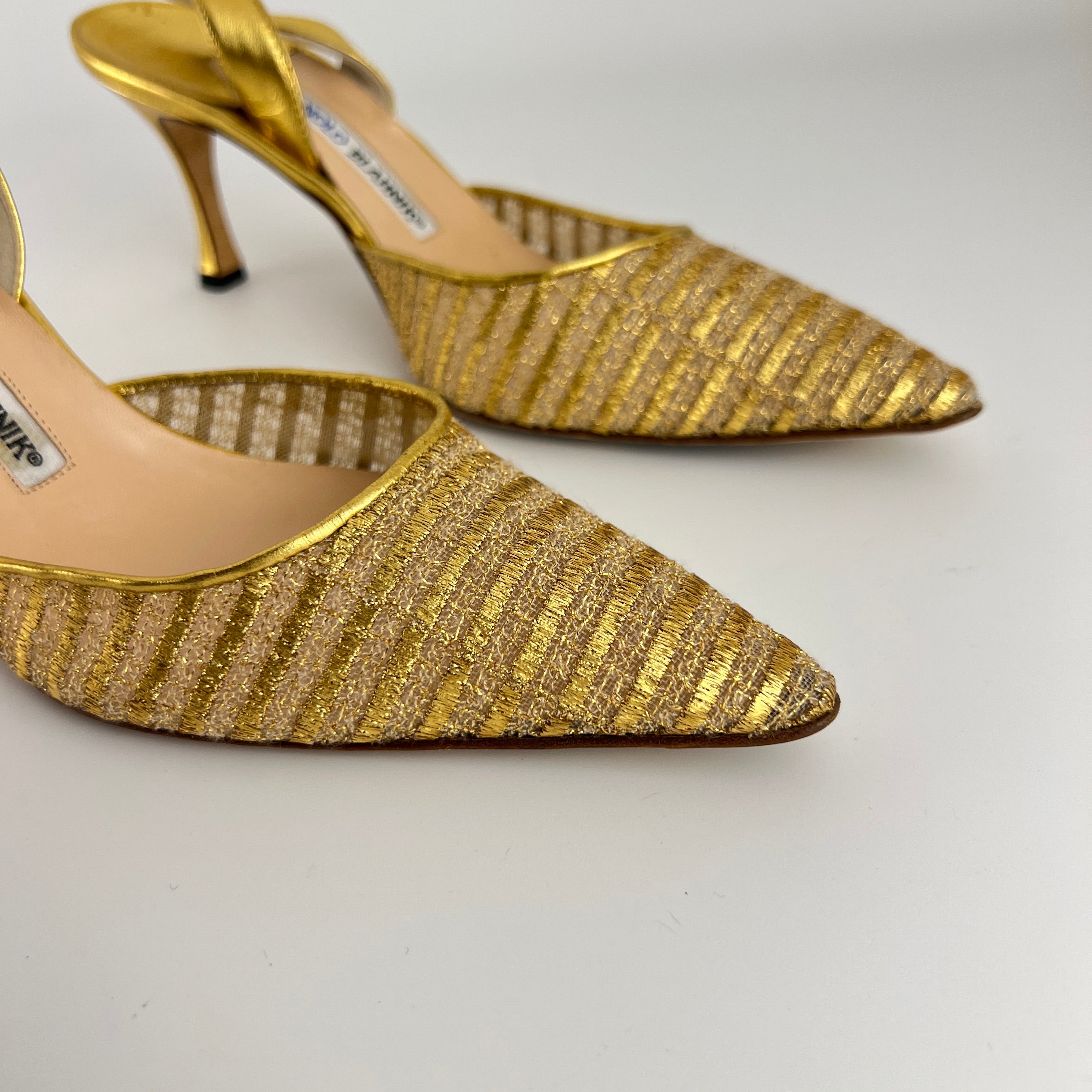 Manolo Blahnik | Vintage Metallic Gold Mesh Pointed Toe Slingback Heels (39)